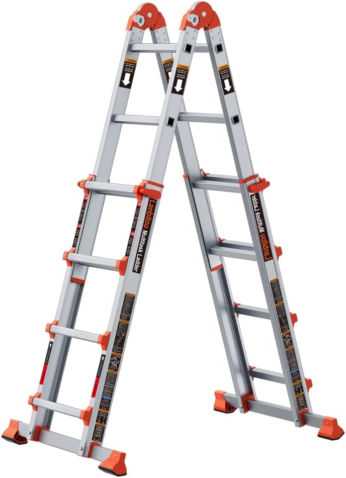 LANBITOU Ladder A Frame 4 Step Ladder Extension 14 FT Anti-Slip Multi Position & Storage Folding Ladder 330 lbs Security Load Telescoping Aluminum Ladders for Stairs Home Indoor Outdoor Roof