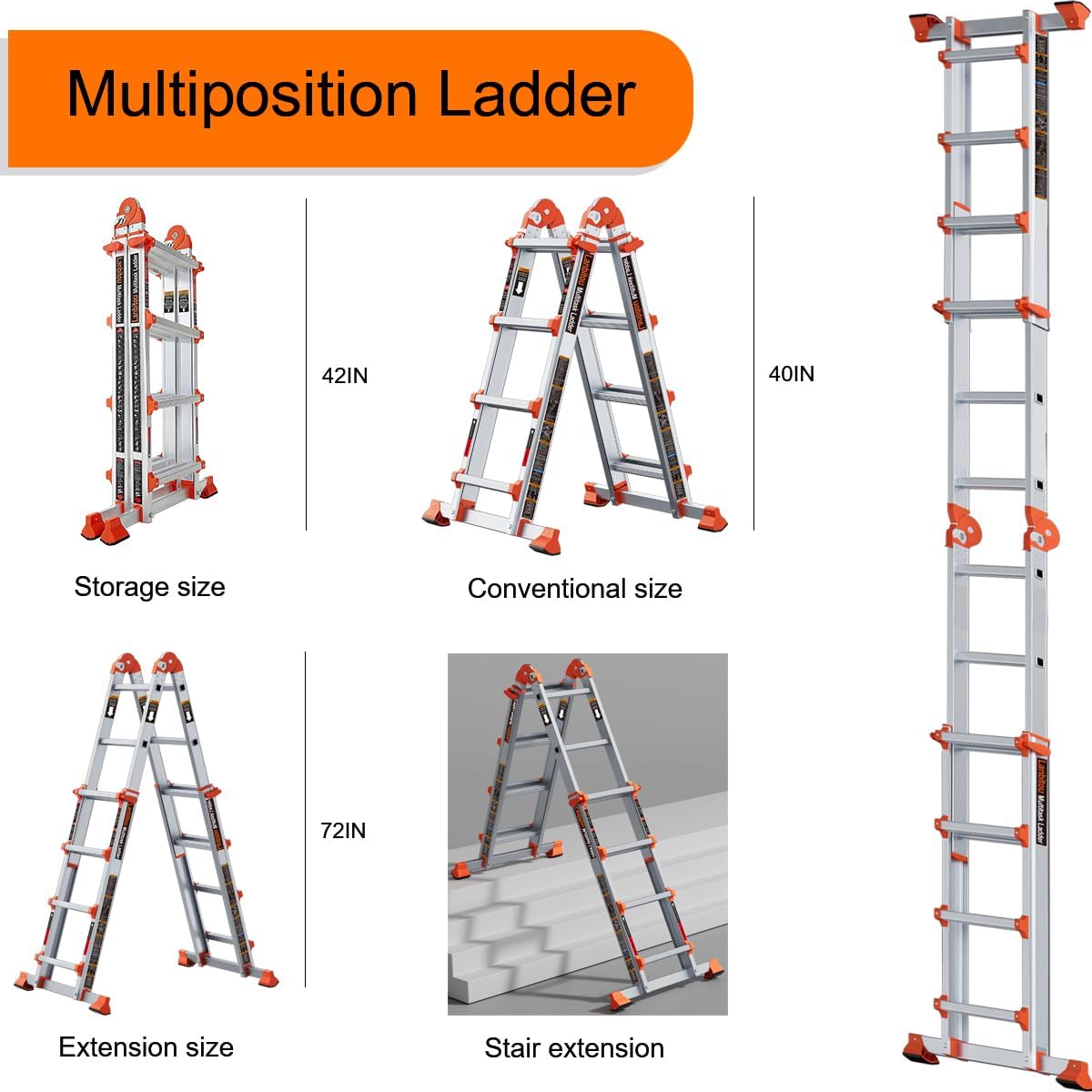 LANBITOU Ladder A Frame 4 Step Ladder Extension 14 FT Anti-Slip Multi Position & Storage Folding Ladder 330 lbs Security Load Telescoping Aluminum Ladders for Stairs Home Indoor Outdoor Roof