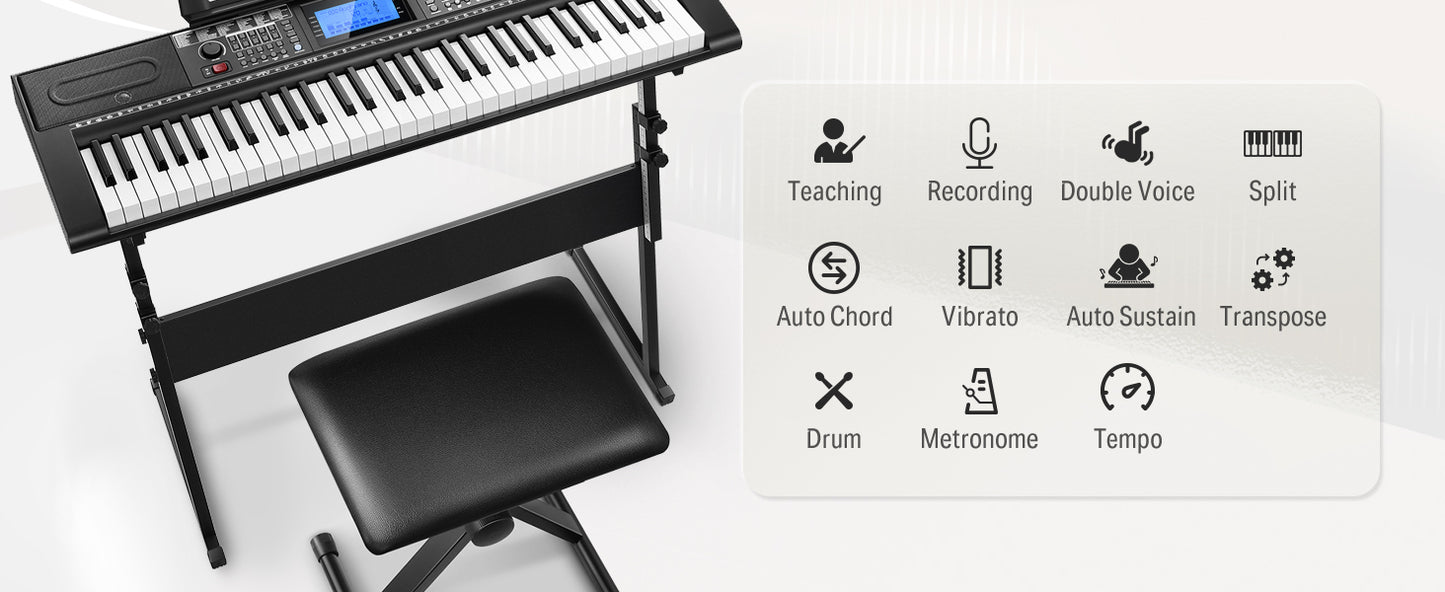 Donner 61 Key Keyboard Piano, Electric Piano Keyboard Kit with 249 Voices, 249 Rhythms - Includes Piano Stand, Stool, Microphone, Gift for Beginners, Black