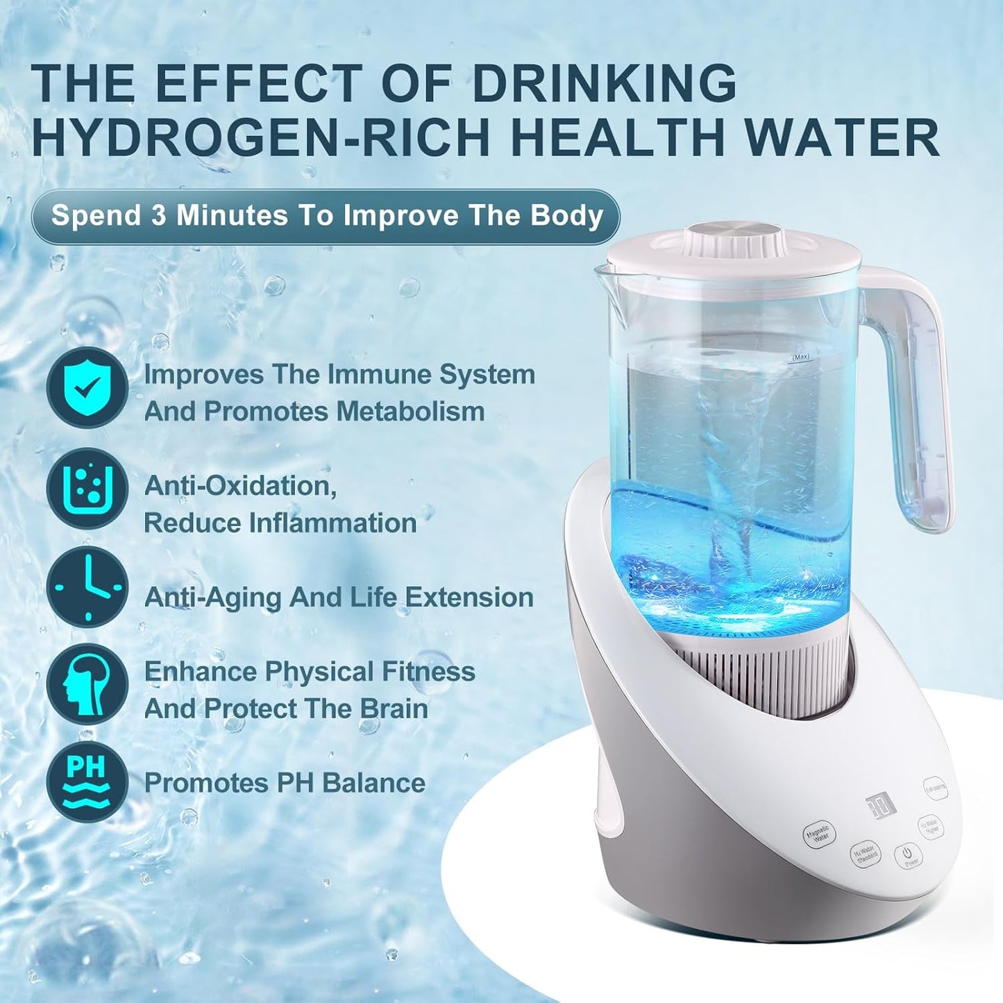 Hydrogen Water Pitcher - Rich Hydrogen Water Generator Electrolysis Jug BPA Free with SPE and PEM Concentrator Technology. Balanced DEESAF Water PH Levels and Filtered with Calcium Sulfite