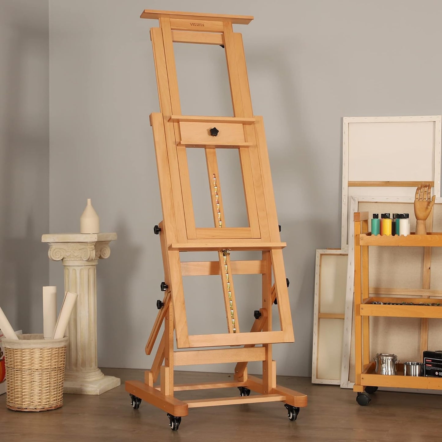 VISWIN Extra-Large Master H Frame Easel, Hold 1 or 2 Canvas up to 79", Tilts Flat, Movable Solid Beech Wood Heavy Duty Floor Easel Stand for Painting, Adjustable Art Easel Stand for Adult, Artist - N