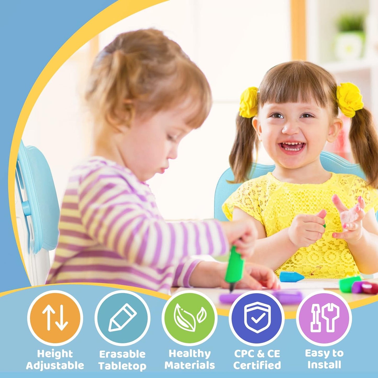 FUNLIO Kids Table and 2 Chairs Set, Height Adjustable Toddler Table and Chair Set for Ages 3-8, Easy to Wipe Arts & Crafts Table, for Classrooms/Daycares/Homes, CPC & CE Approved (3pcs Set) - Blue