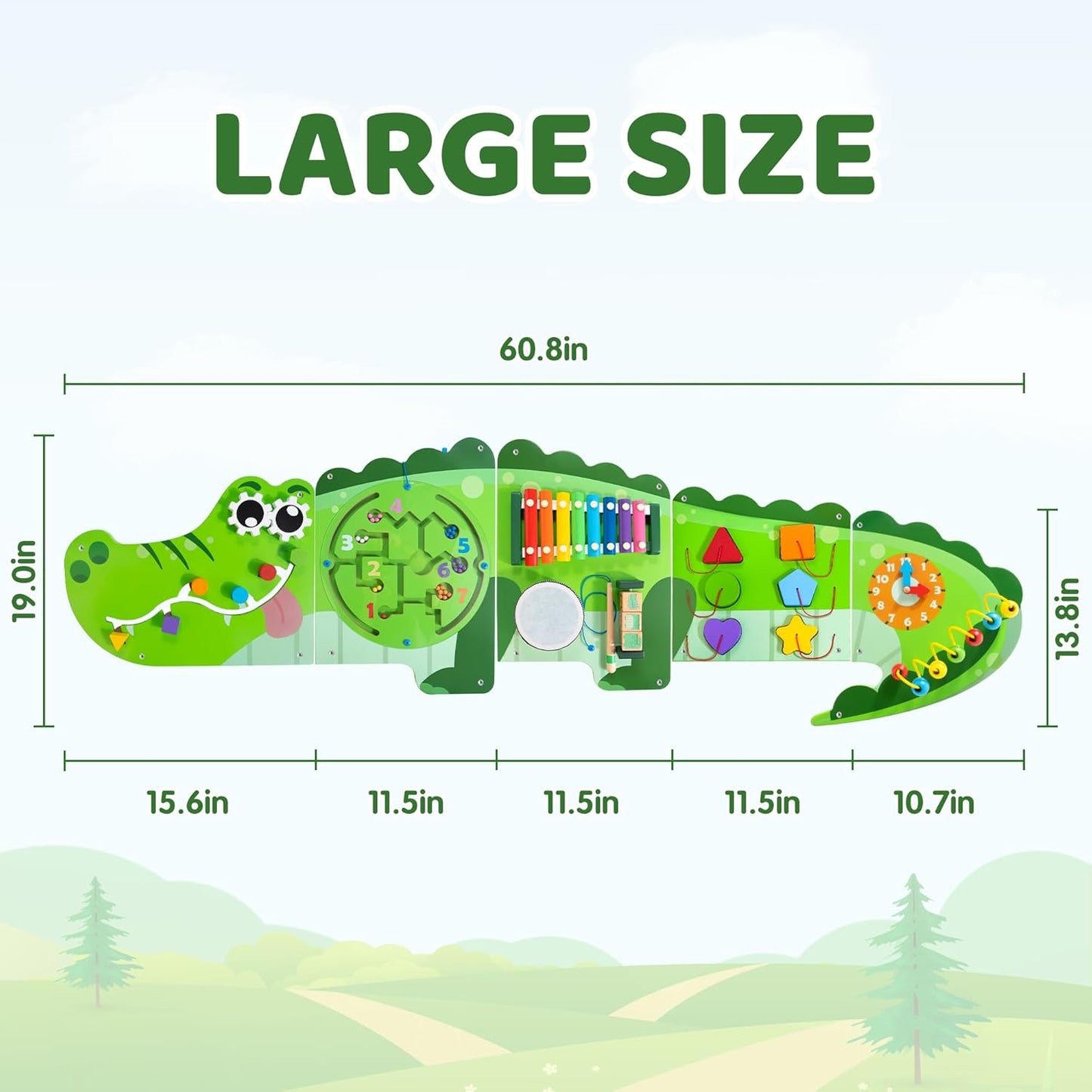 Crocodile Activity Wall Busy Board Panels | 9-in-1 Wooden Sensory Wall Panel for Kids, Montessori Learning Activity Center | Perfect for Toddler Playroom, Daycare, Nursery, Classroom or Dr's Office