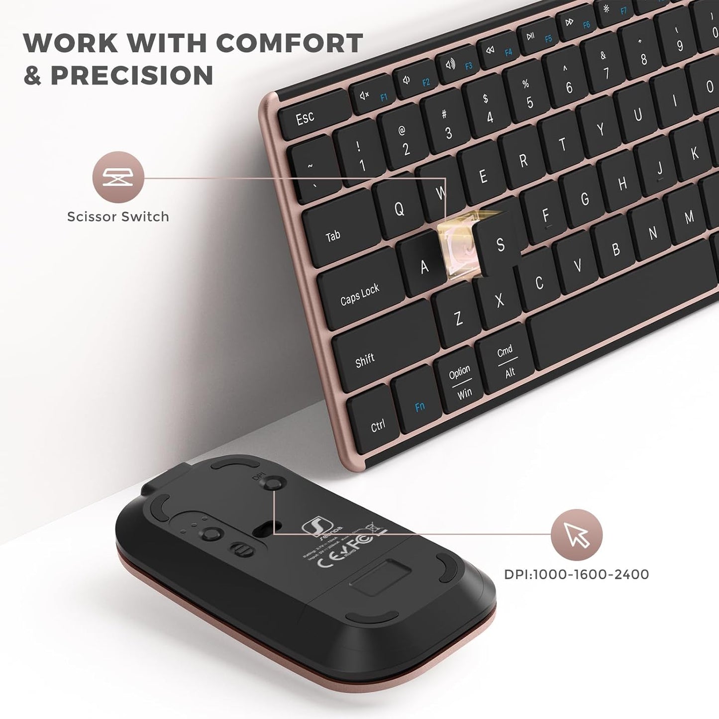 seenda Bluetooth Keyboard and Mouse Combo (USB + Dual BT), Multi-Device Rechargeable Wireless Bluetooth Mouse and Keyboard, Compatible for Win 7/8/10, MacBook Pro/Air, iPad, Tablet - Black Rose Gold