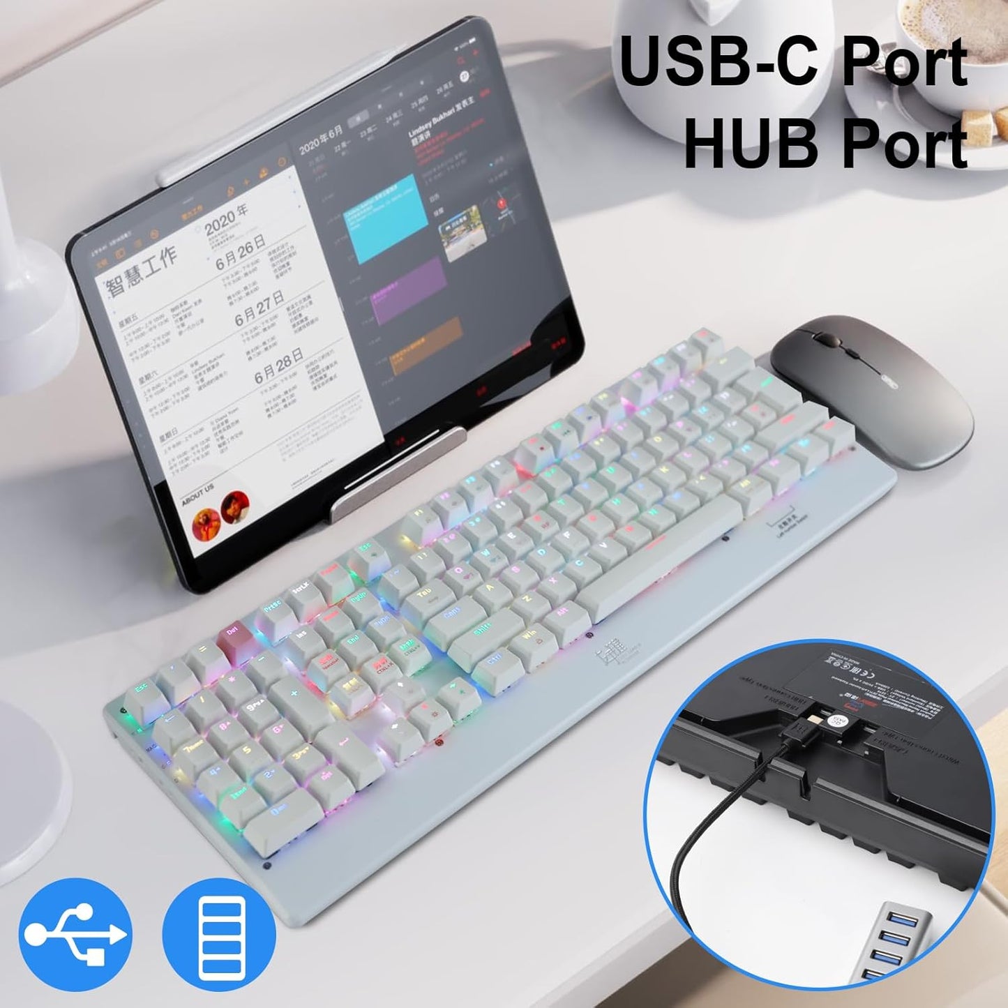 OPEN BOX ZY-2218 Left Handed Keyboard, Bluetooth/2.4Ghz/USB-C Mechanical Keyboard RGB Backlit Full Size, 111 Keys for Business Accounting Compatible for Windows/Mac White