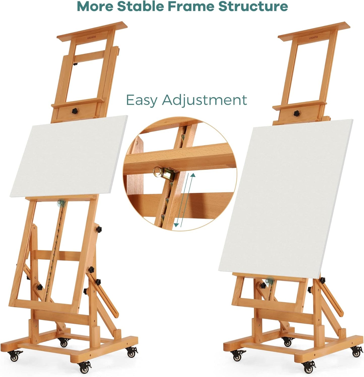 VISWIN Extra-Large Master H Frame Easel, Hold 1 or 2 Canvas up to 79", Tilts Flat, Movable Solid Beech Wood Heavy Duty Floor Easel Stand for Painting, Adjustable Art Easel Stand for Adult, Artist - N