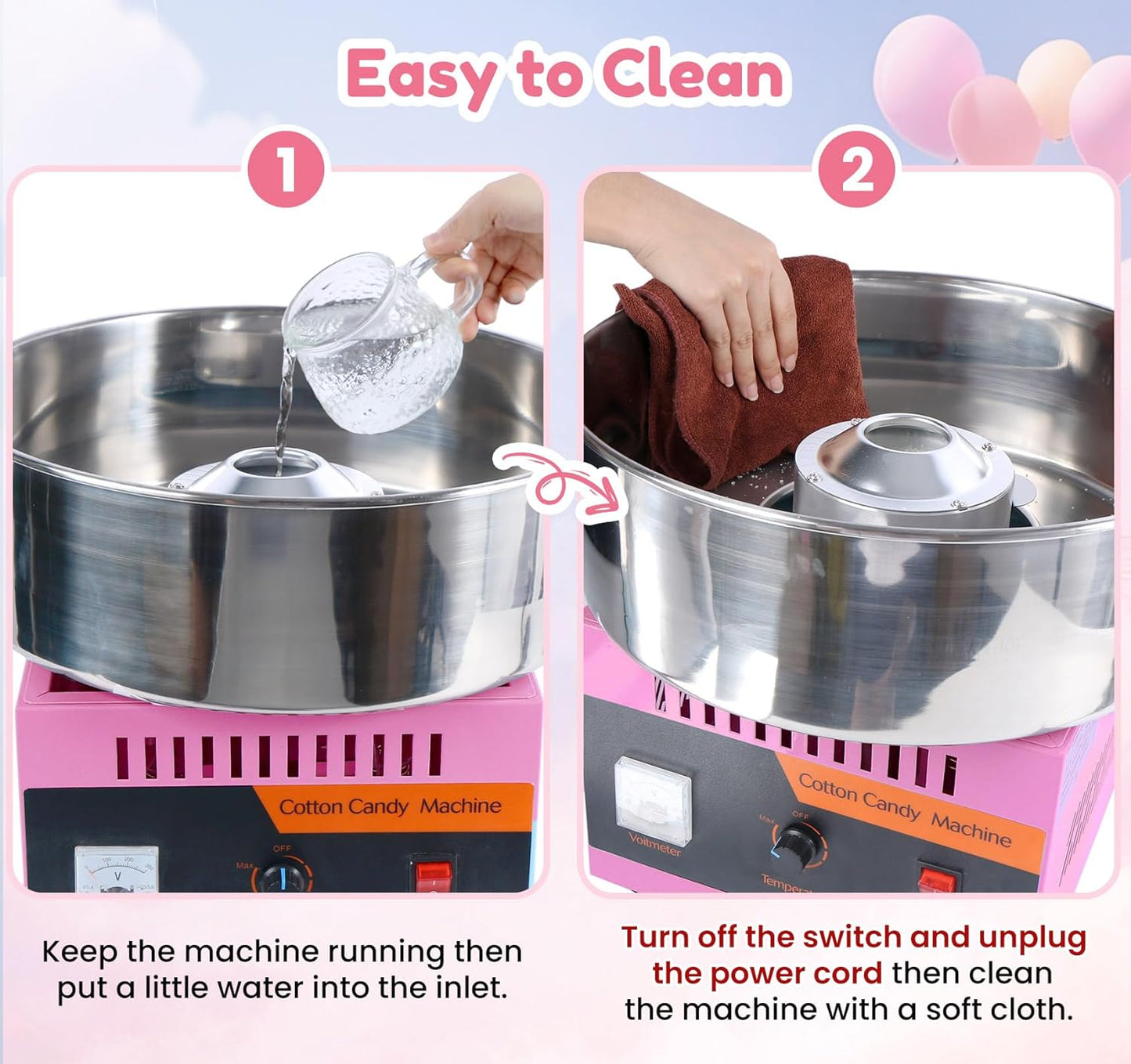 Cotton Candy Machine Commercial, 1000W Cotton Candy Maker Machine, Candy Floss Maker, with Stainless Steel Bowl, Sugar Scoop,Anti-Rust Coating, for Family Party, Kids Birthday Pink