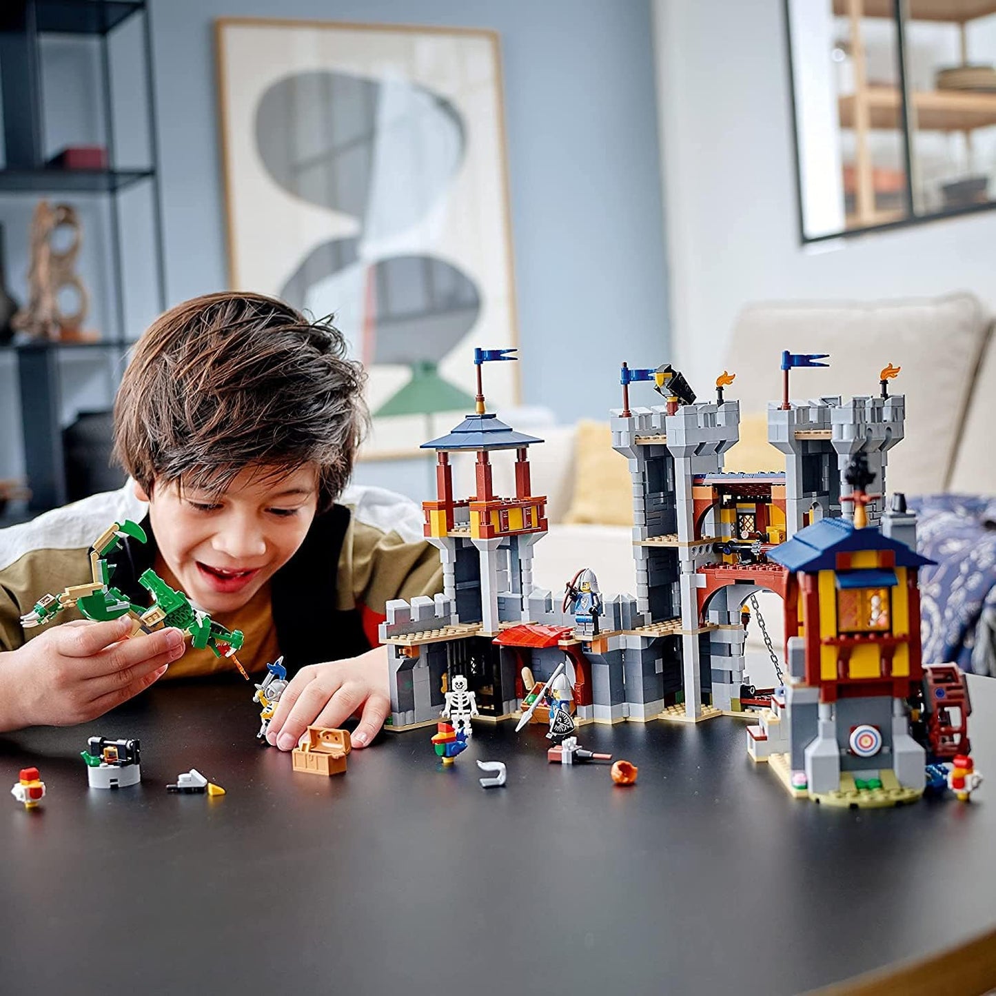 BOX Damages LEGO Creator 3 in 1 Medieval Castle Toy, Transforms from Castle to Tower to Marketplace, Includes Skeleton and Dragon Figure, with 3 Minifigures and Catapult, 31120