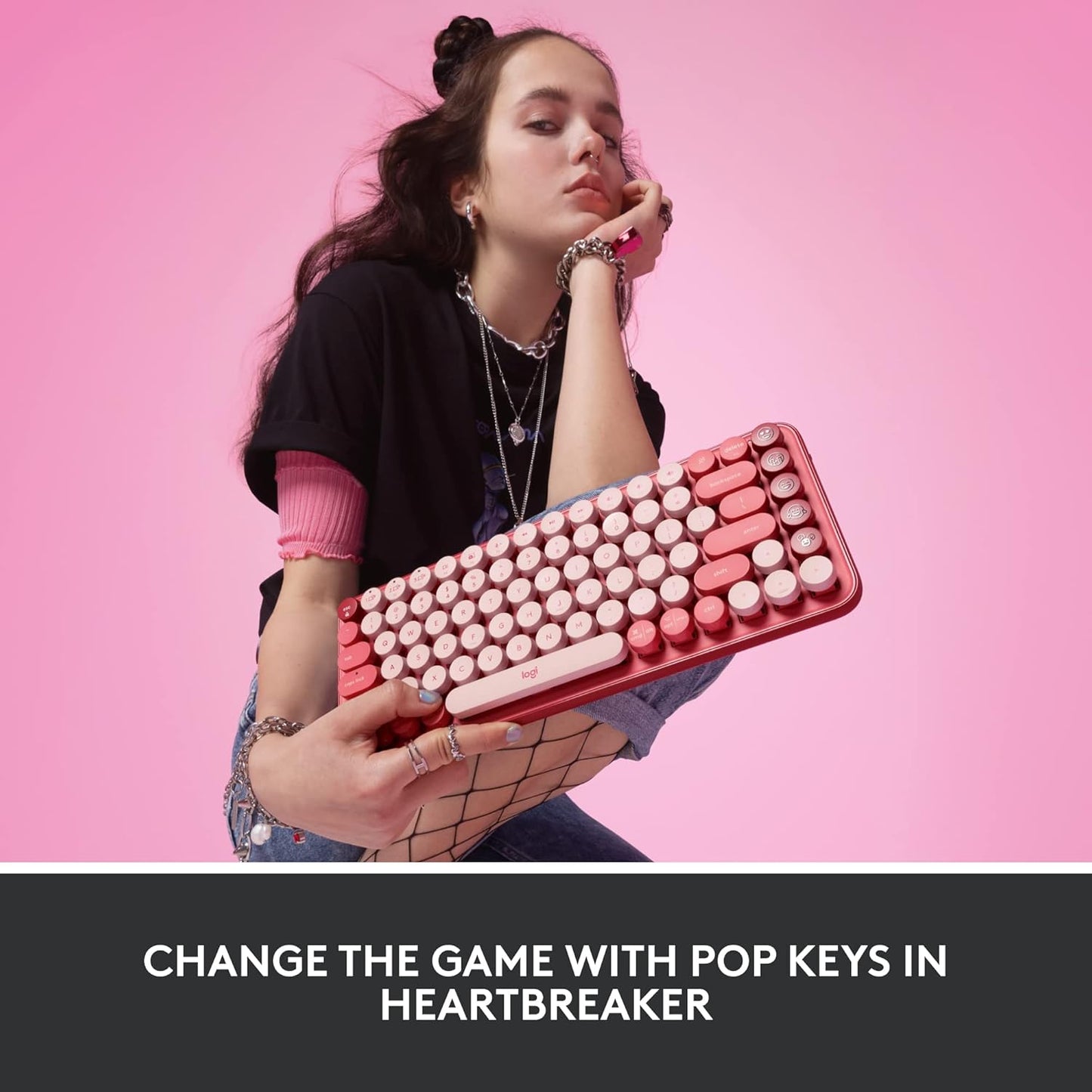 Logitech POP Mechanical Wireless Keyboard with Customizable Emoji Keys Durable Compact Design Bluetooth or USB Connectivity Multi-Device OS Compatible - Heartbreaker Rose