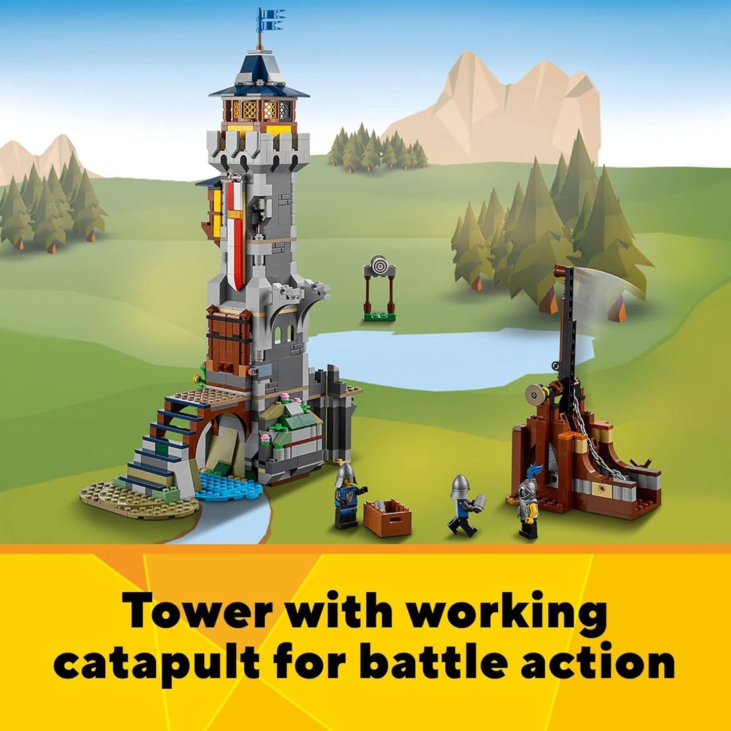 BOX Damages LEGO Creator 3 in 1 Medieval Castle Toy, Transforms from Castle to Tower to Marketplace, Includes Skeleton and Dragon Figure, with 3 Minifigures and Catapult, 31120