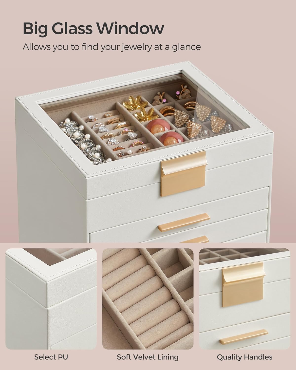 SONGMICS Jewelry Box with Glass Lid, 6-Layer Jewelry Organizer, 5 Drawers, for Big and Small Jewelry, Jewelry Storage, Modern Style, 8 x 9.1 x 9 Inches, Cloud White and Gold Color UJBC176W01