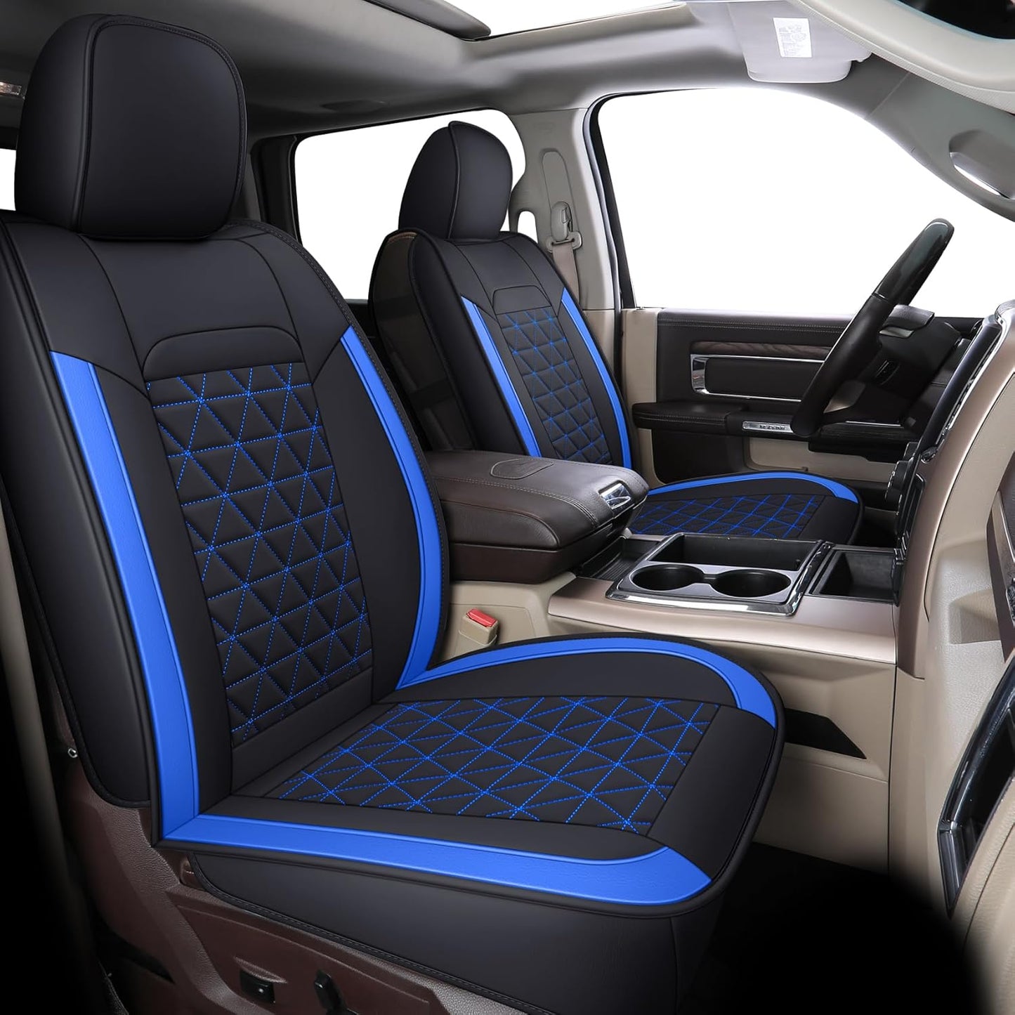 Coverado Car Seat Covers Full Set, Leather RAM 1500 Seat Covers Protectors Compatible with 2002-2024 Dodge RAM 1500 2500 3500 Crew Double Mega Quad Cab with Flat Bench, Blue
