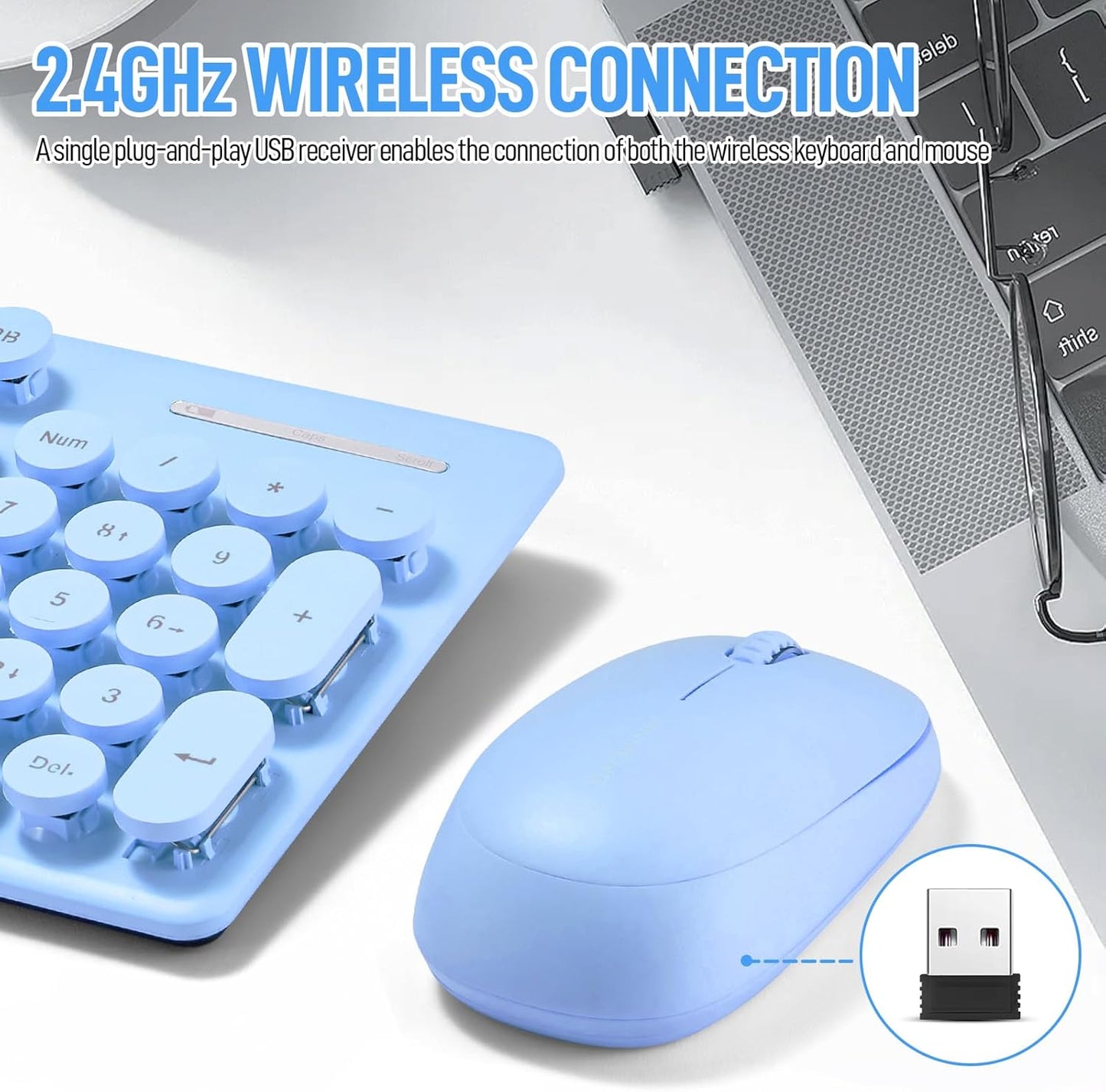 Wireless Keyboard and Mouse Combo, Full Size Compact Quiet Wireless Keyboard and Mouse Set 2.4G Ultra-Thin Sleek Design for Windows, Computer, Desktop, PC, Notebook, Laptop,Round Keys Blue