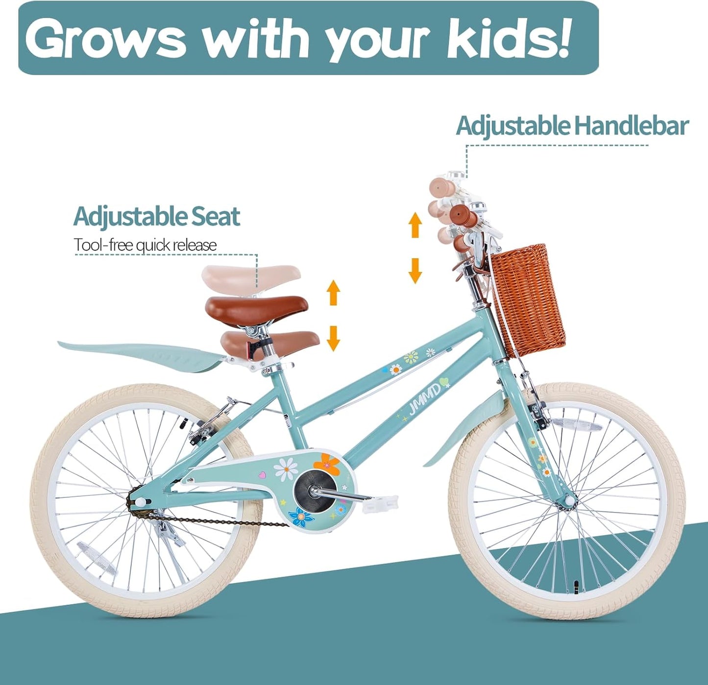 JMMD Girls Bike Ages 4-12 Years Old, Kids Bike for Toddlers with Basket & Training Wheels, 12 14 16 18 20 24 Inch Kids Bicycle with Handbrake & Kickstand