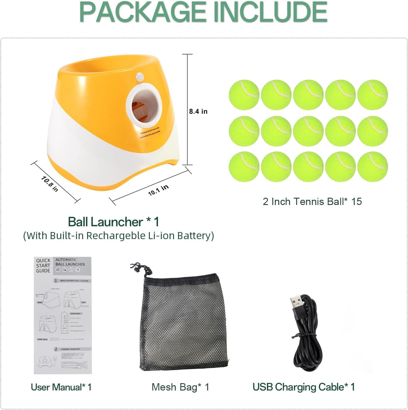 Automatic Dog Ball Launcher, Dog Ball Thrower with 15 Mini Tennis Balls Sizing 2 Inch and Mesh Bag, Interactive Dog Toys Tennis Ball Launcher for Small Dogs with 3 Distance Settings