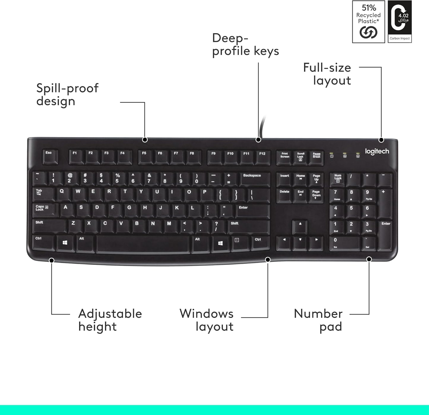 Logitech K120 Wired Keyboard for Windows, Plug and Play, Full-Size, Spill-Resistant, Curved Space Bar, Compatible with PC, Laptop - Black