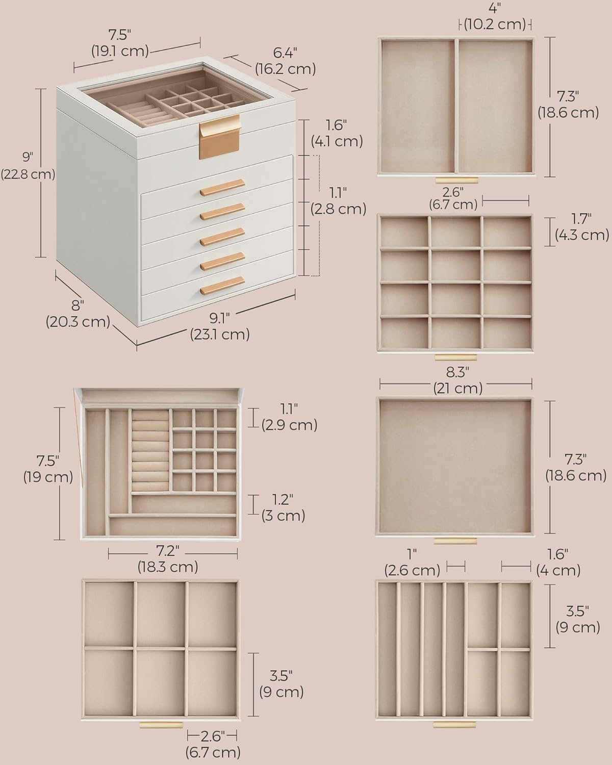 SONGMICS Jewelry Box with Glass Lid, 6-Layer Jewelry Organizer, 5 Drawers, for Big and Small Jewelry, Jewelry Storage, Modern Style, 8 x 9.1 x 9 Inches, Cloud White and Gold Color UJBC176W01