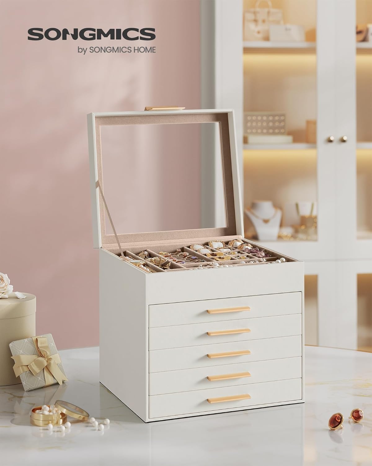 SONGMICS Jewelry Box with Glass Lid, 6-Layer Jewelry Organizer, 5 Drawers, for Big and Small Jewelry, Jewelry Storage, Modern Style, 8 x 9.1 x 9 Inches, Cloud White and Gold Color UJBC176W01