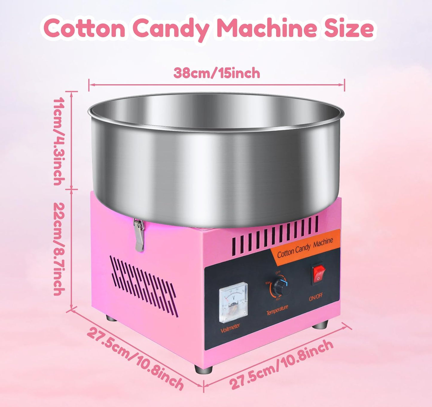 Cotton Candy Machine Commercial, 1000W Cotton Candy Maker Machine, Candy Floss Maker, with Stainless Steel Bowl, Sugar Scoop,Anti-Rust Coating, for Family Party, Kids Birthday Pink