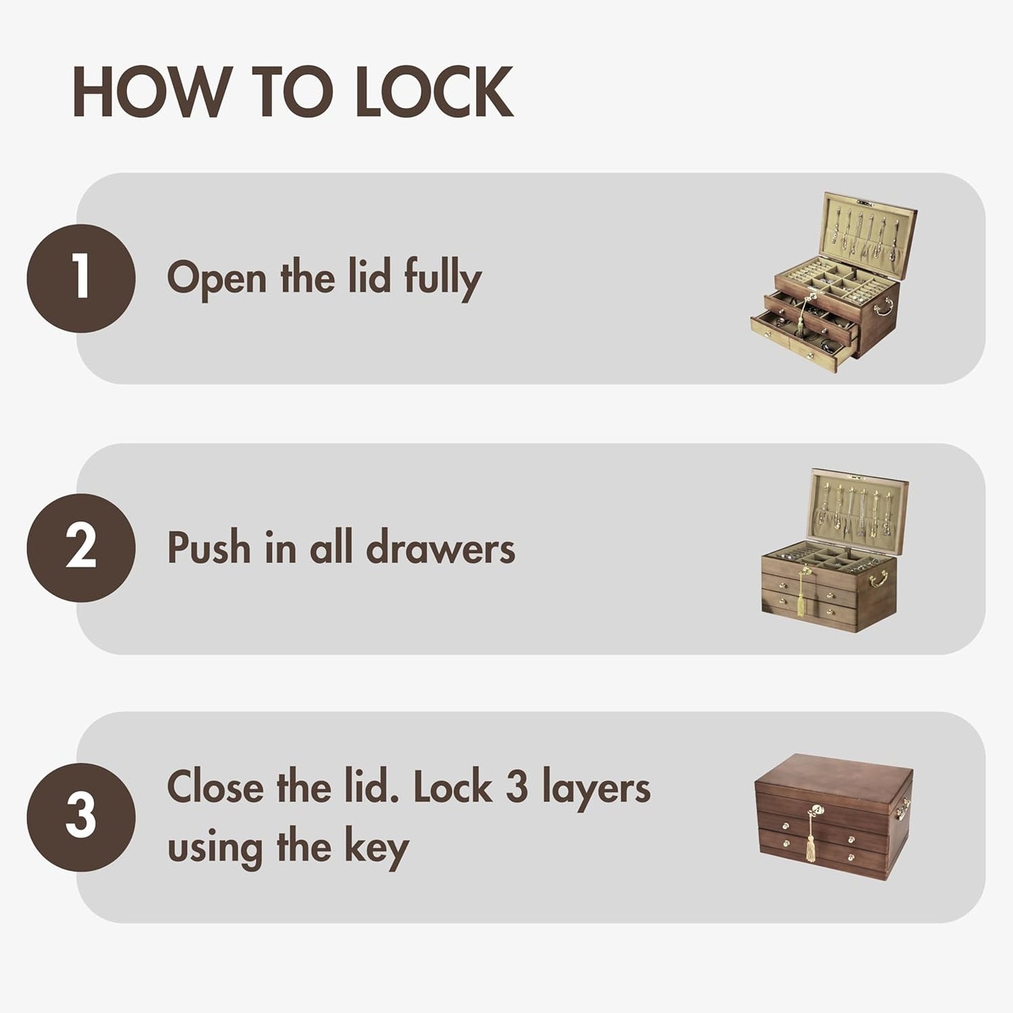 Wooden Jewelry Box with Lock and Key for Women, 2 Drawers Medium Size Real Natural Wood Lockable Antique Girls Organizer Boxes with Large Storage, Ring Compartments, Built in Necklace Hooks
