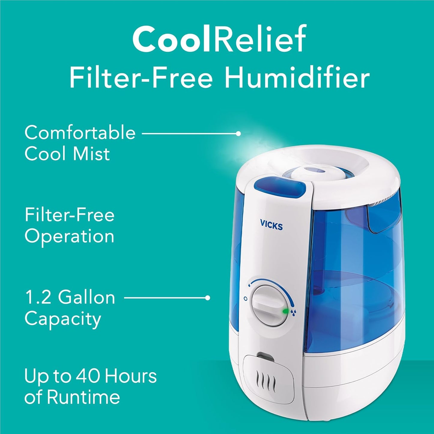 Vicks CoolRelief Cool Mist Humidifier Small to Medium Room Vaporizer for Baby, Kids, Adults, 1.2 Gal