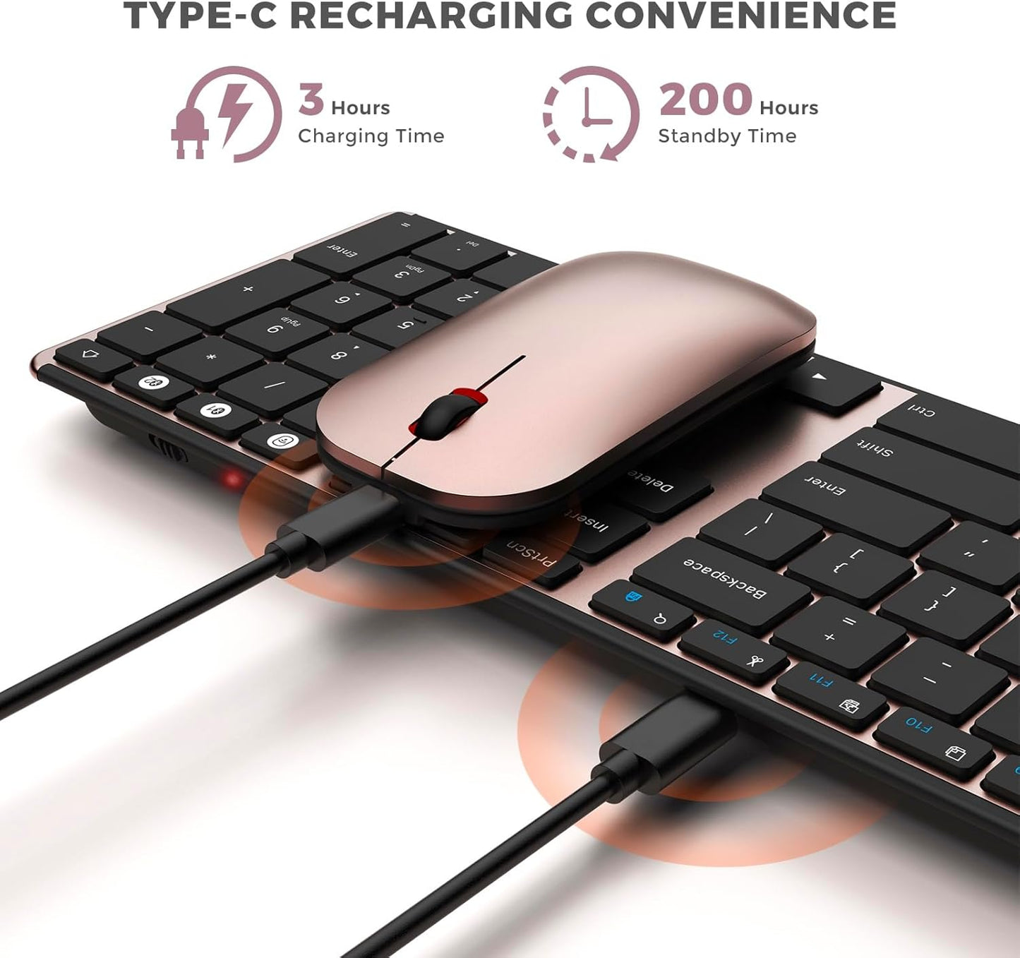 seenda Bluetooth Keyboard and Mouse Combo (USB + Dual BT), Multi-Device Rechargeable Wireless Bluetooth Mouse and Keyboard, Compatible for Win 7/8/10, MacBook Pro/Air, iPad, Tablet - Black Rose Gold