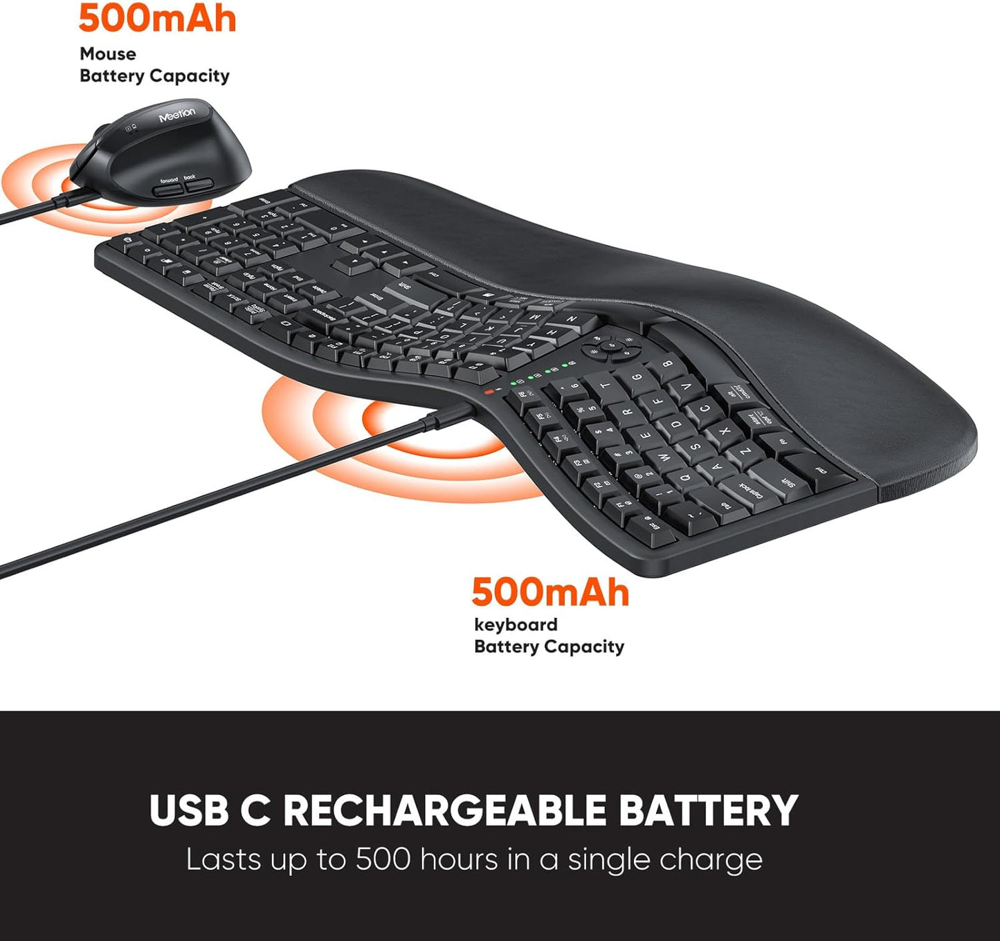 MEETION Ergonomic Wireless Keyboard and Mouse, Ergo Keyboard with Vertical Mouse, Split Arch Keyboard with Cushioned Wrist Palm Rest, Natural Typing Rechargeable Full Size, Windows/Mac/Computer/Laptop
