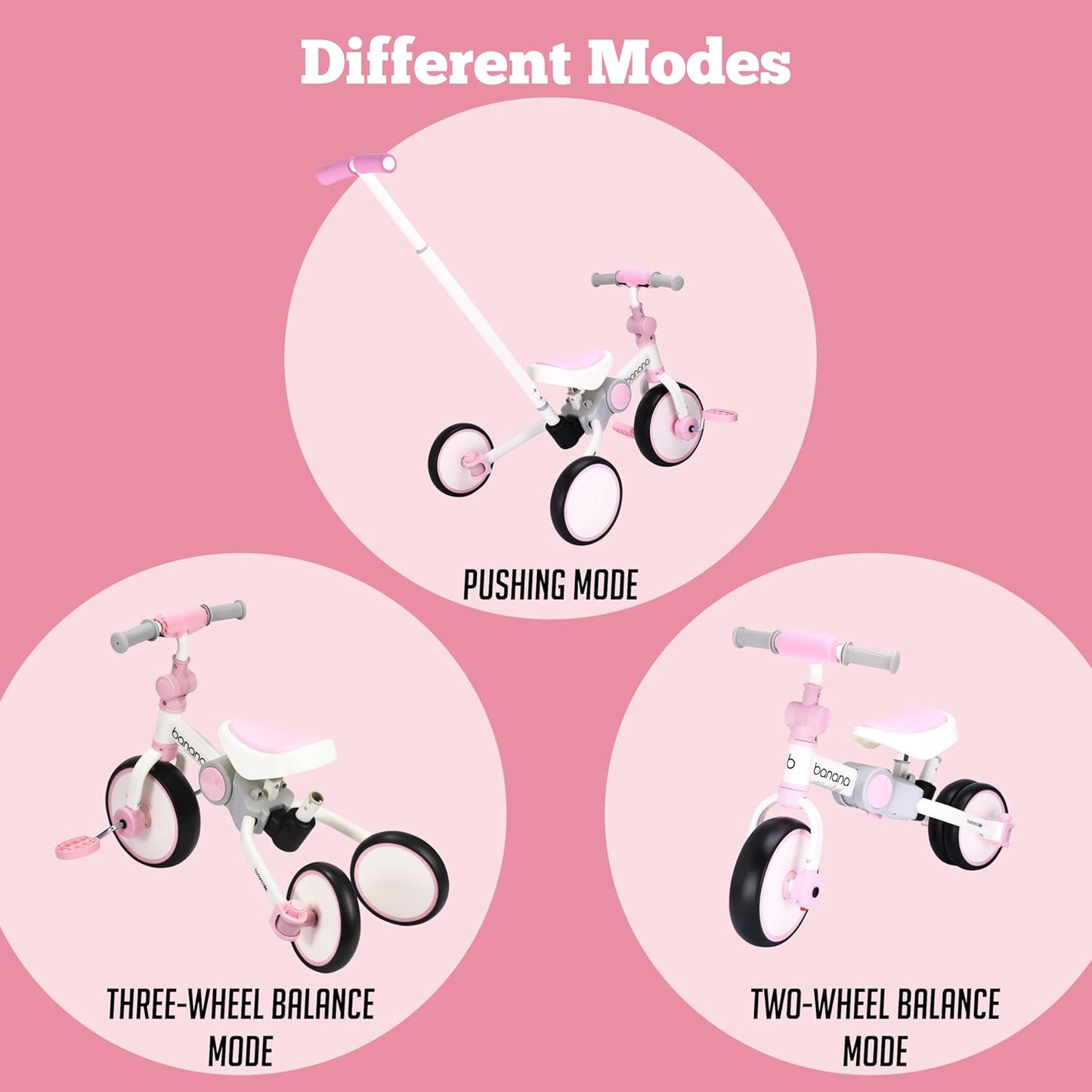 Banana bike Baby Balance Bike - Tricycle for Toddlers - Kids Trike and Bike - Balance Bike Plastic - Removable Pedals and Adjustable Handlebar and Seat Pink