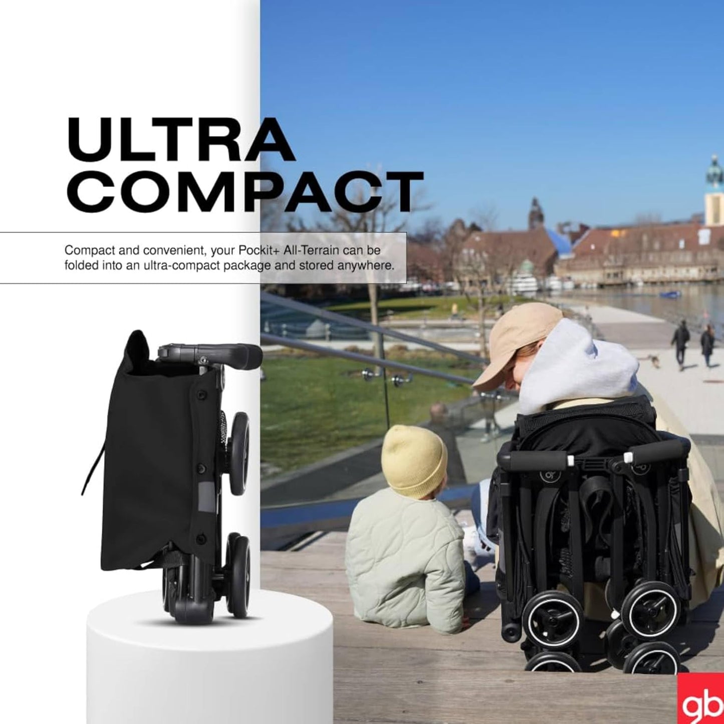 gb Pockit+ All-Terrain, Ultra Compact Lightweight Travel Stroller with Canopy and Reclining Seat in Velvet Black