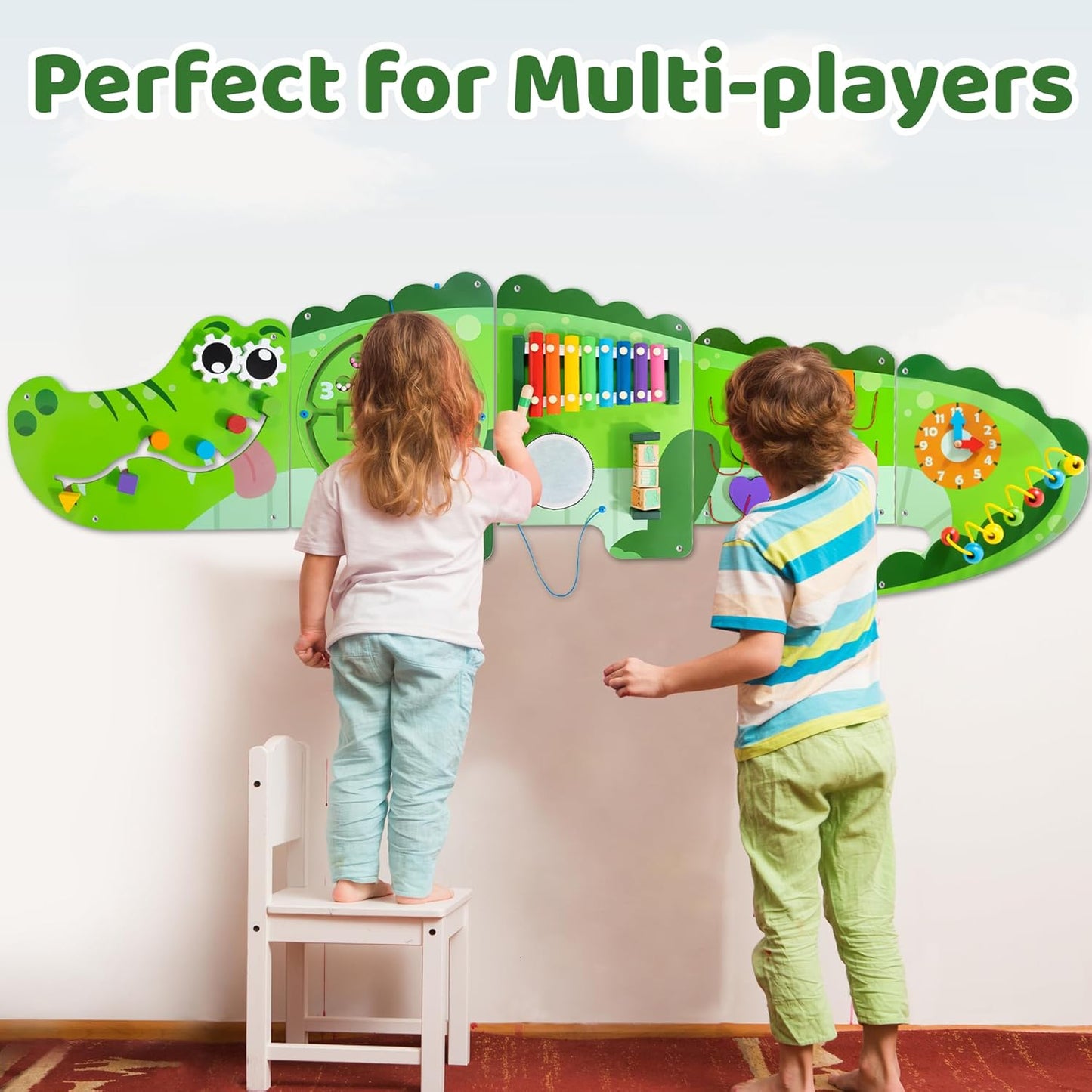 Crocodile Activity Wall Busy Board Panels | 9-in-1 Wooden Sensory Wall Panel for Kids, Montessori Learning Activity Center | Perfect for Toddler Playroom, Daycare, Nursery, Classroom or Dr's Office
