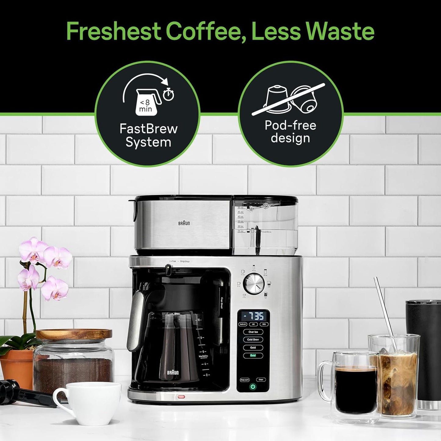 Braun MultiServe Plus 10- Cup Pod Free Drip Coffee Maker 7 Brew Sizes Hot & Cold Brew Stainless steel KF9270SI