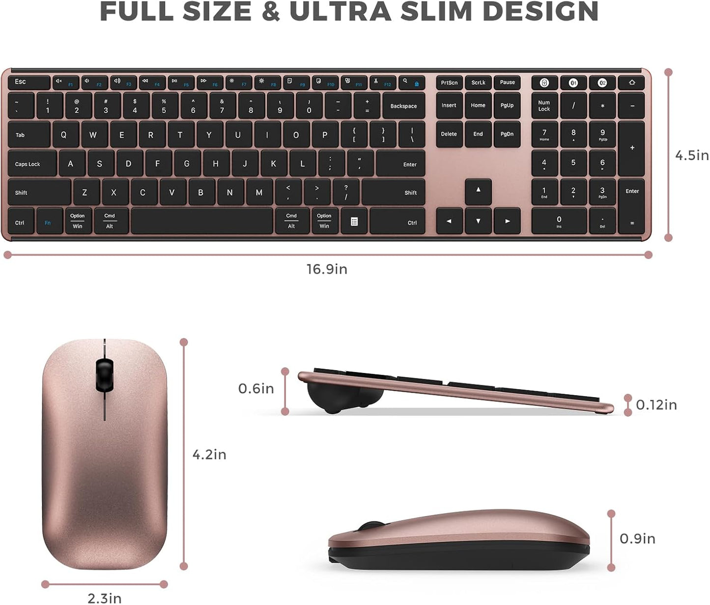 seenda Bluetooth Keyboard and Mouse Combo (USB + Dual BT), Multi-Device Rechargeable Wireless Bluetooth Mouse and Keyboard, Compatible for Win 7/8/10, MacBook Pro/Air, iPad, Tablet - Black Rose Gold