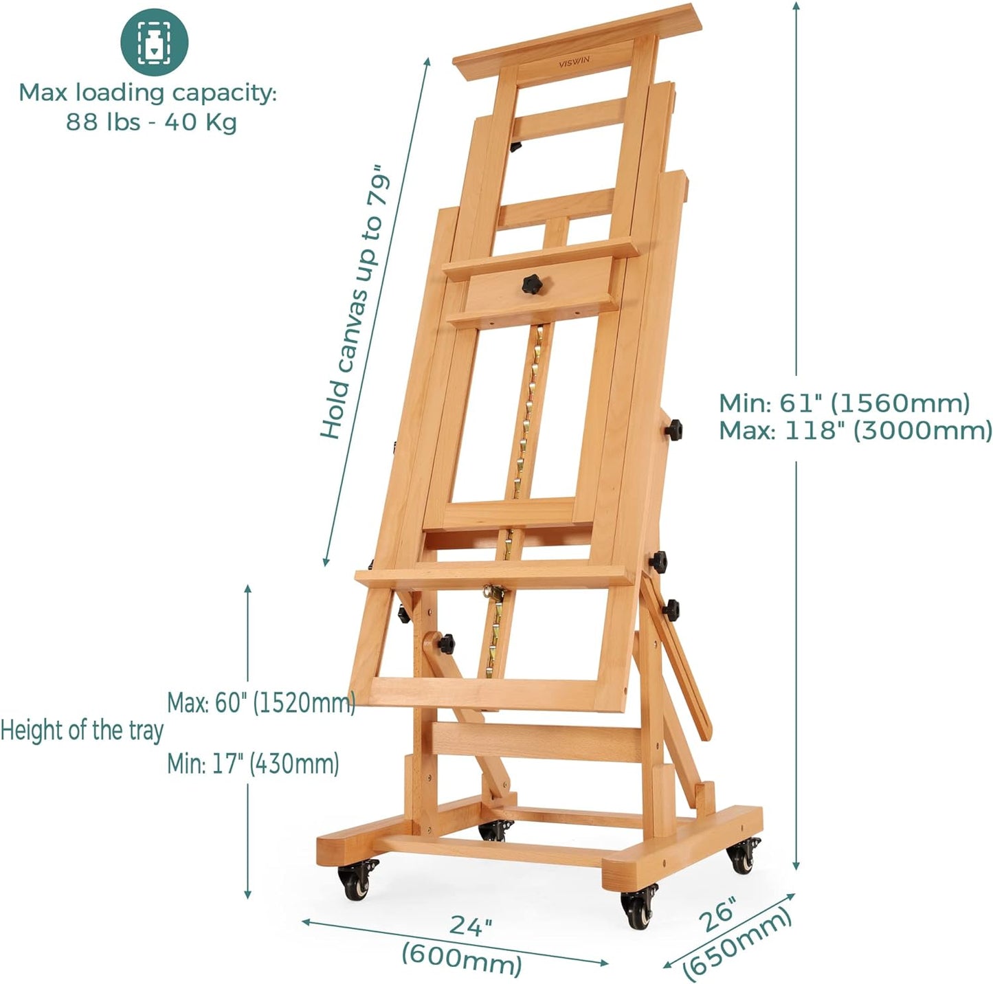 VISWIN Extra-Large Master H Frame Easel, Hold 1 or 2 Canvas up to 79", Tilts Flat, Movable Solid Beech Wood Heavy Duty Floor Easel Stand for Painting, Adjustable Art Easel Stand for Adult, Artist - N