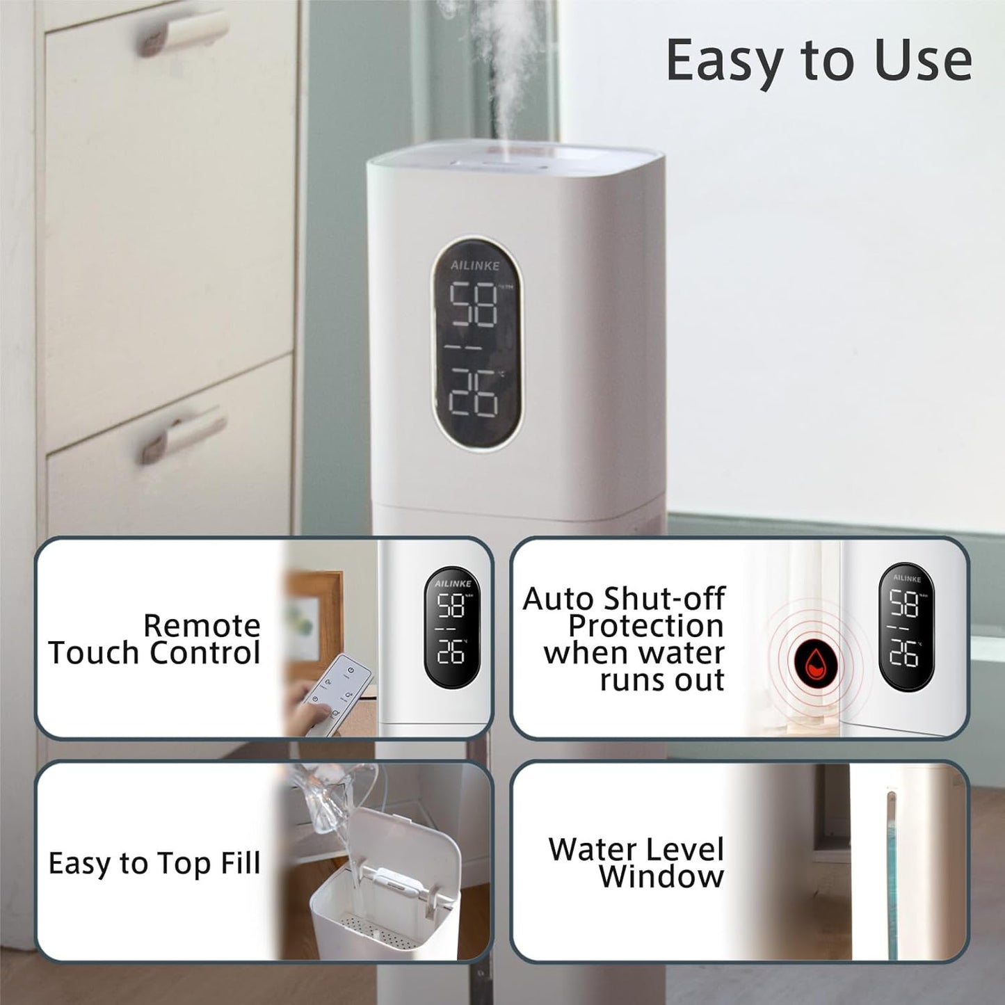 Humidifiers for Bedroom Large Room AILINKE 2.1Gal8L Humidifiers for Home Large Ultrasonic Top Fill Humidifier with 3 Speed Humidistat for Baby Kids Adults Yoga Sleep