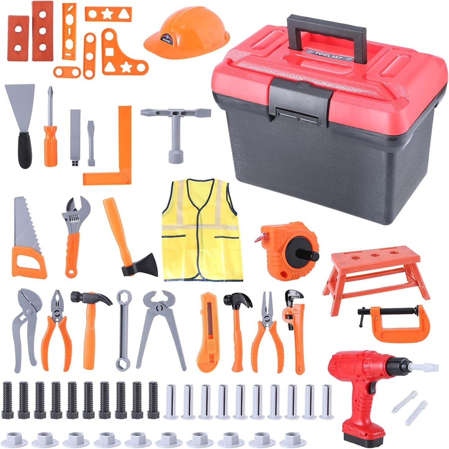 Kids Tool Set, 70 pcs Toddler Tool Set with Tool Box and Electronic Toy Drill, Pretend Play Kids Construction Kits with Clothes and Safety Hat,Toy Tool Box for Kids Boy Girl Age 3-8