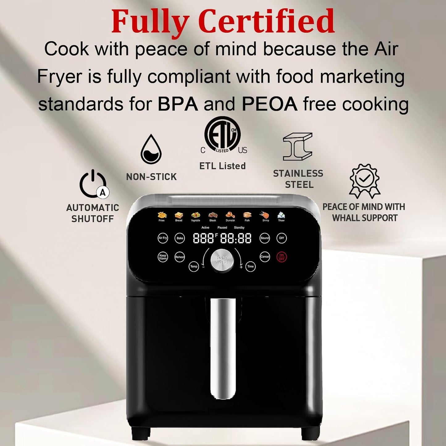 WHUTO Air Fryer 6.3QT Air Fryer Oven with LED Digital Touchscreen 12 Preset Cooking Functions Air fryers Bake Reheat Keep Warm Nonstick and Dishwasher-Safe Basket Stainless SteelBlack&Silver