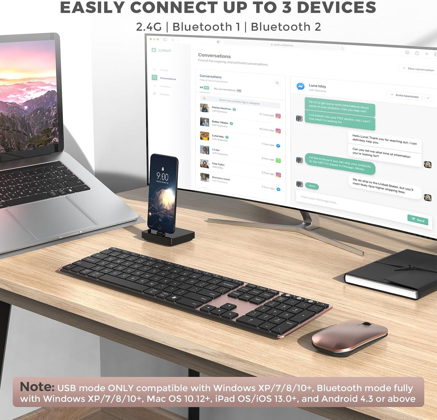 seenda Bluetooth Keyboard and Mouse Combo (USB + Dual BT), Multi-Device Rechargeable Wireless Bluetooth Mouse and Keyboard, Compatible for Win 7/8/10, MacBook Pro/Air, iPad, Tablet - Black Rose Gold