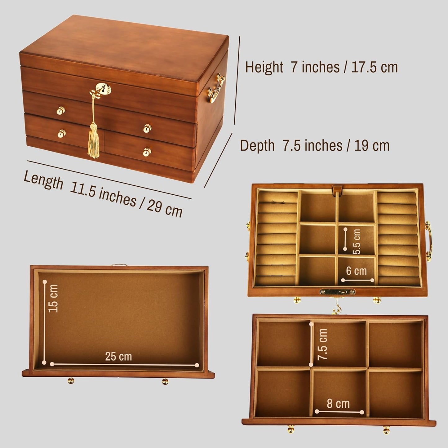 Wooden Jewelry Box with Lock and Key for Women, 2 Drawers Medium Size Real Natural Wood Lockable Antique Girls Organizer Boxes with Large Storage, Ring Compartments, Built in Necklace Hooks