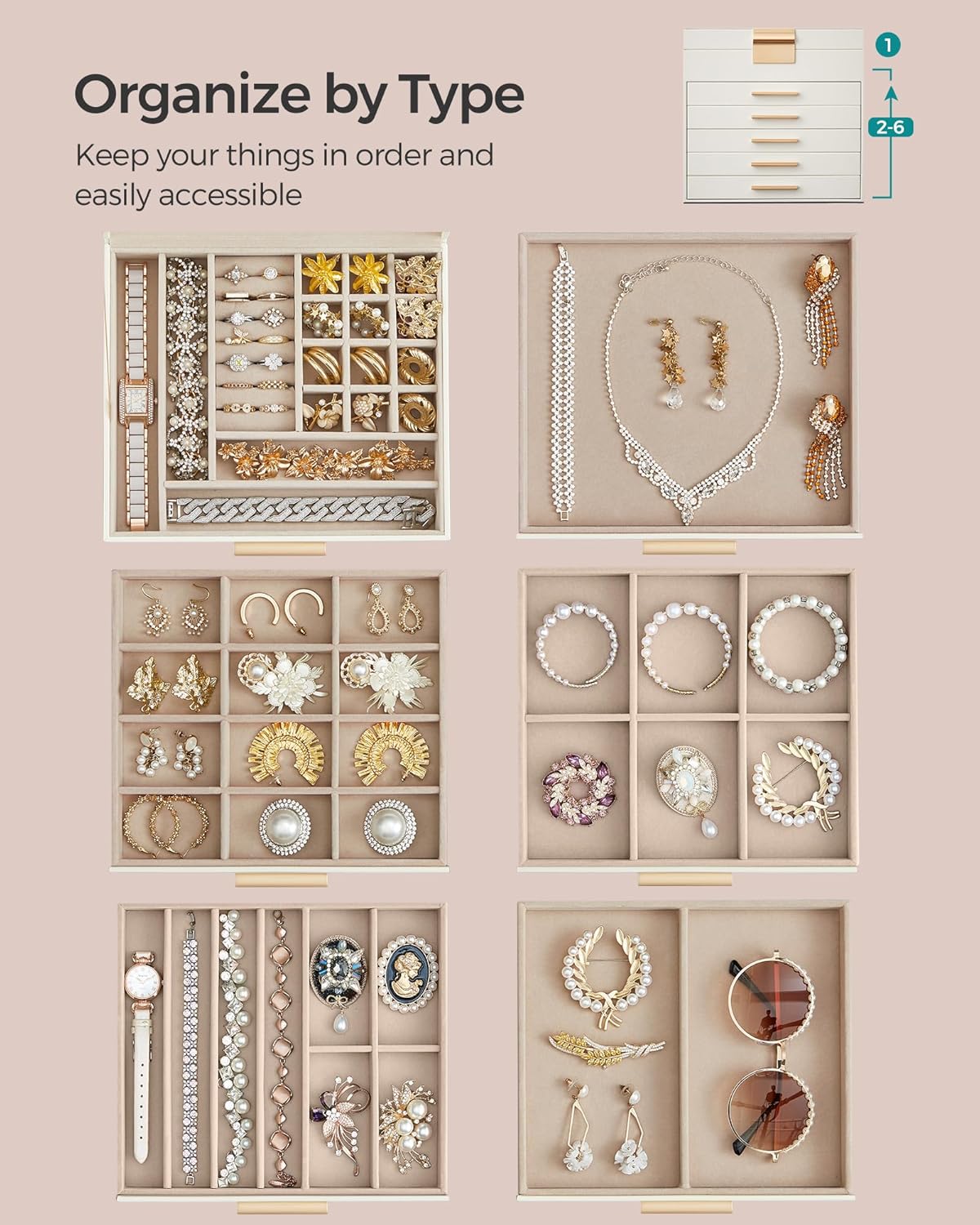 SONGMICS Jewelry Box with Glass Lid, 6-Layer Jewelry Organizer, 5 Drawers, for Big and Small Jewelry, Jewelry Storage, Modern Style, 8 x 9.1 x 9 Inches, Cloud White and Gold Color UJBC176W01