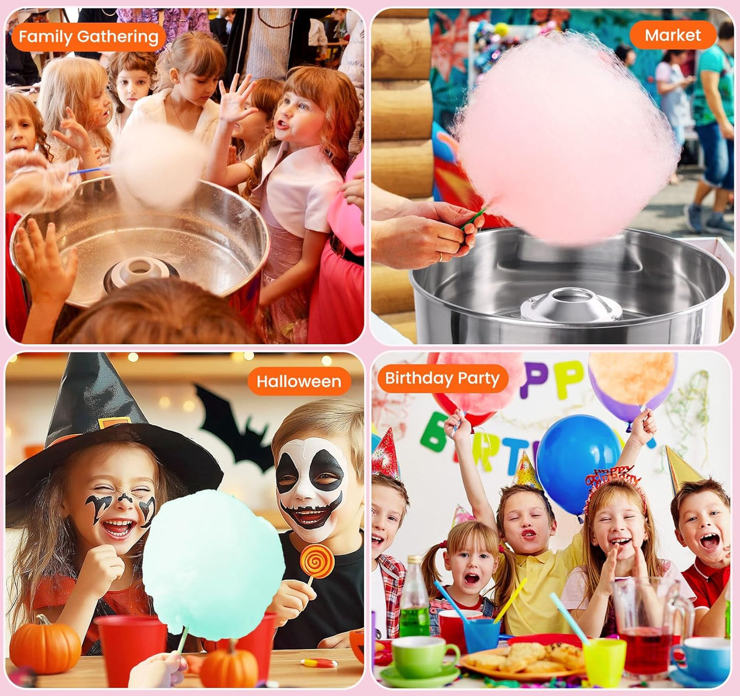 Cotton Candy Machine Commercial, 1000W Cotton Candy Maker Machine, Candy Floss Maker, with Stainless Steel Bowl, Sugar Scoop,Anti-Rust Coating, for Family Party, Kids Birthday Pink
