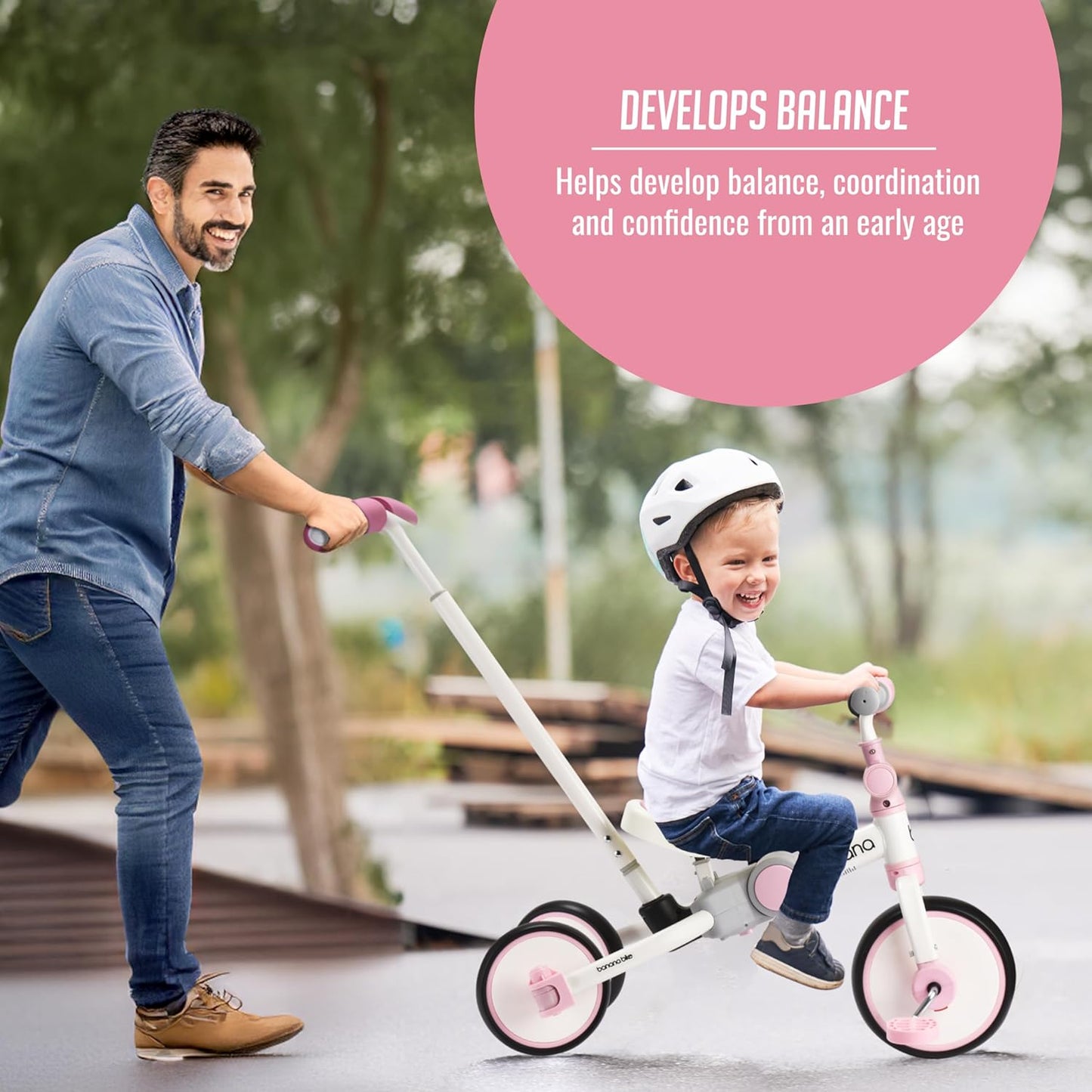 Banana bike Baby Balance Bike - Tricycle for Toddlers - Kids Trike and Bike - Balance Bike Plastic - Removable Pedals and Adjustable Handlebar and Seat Pink