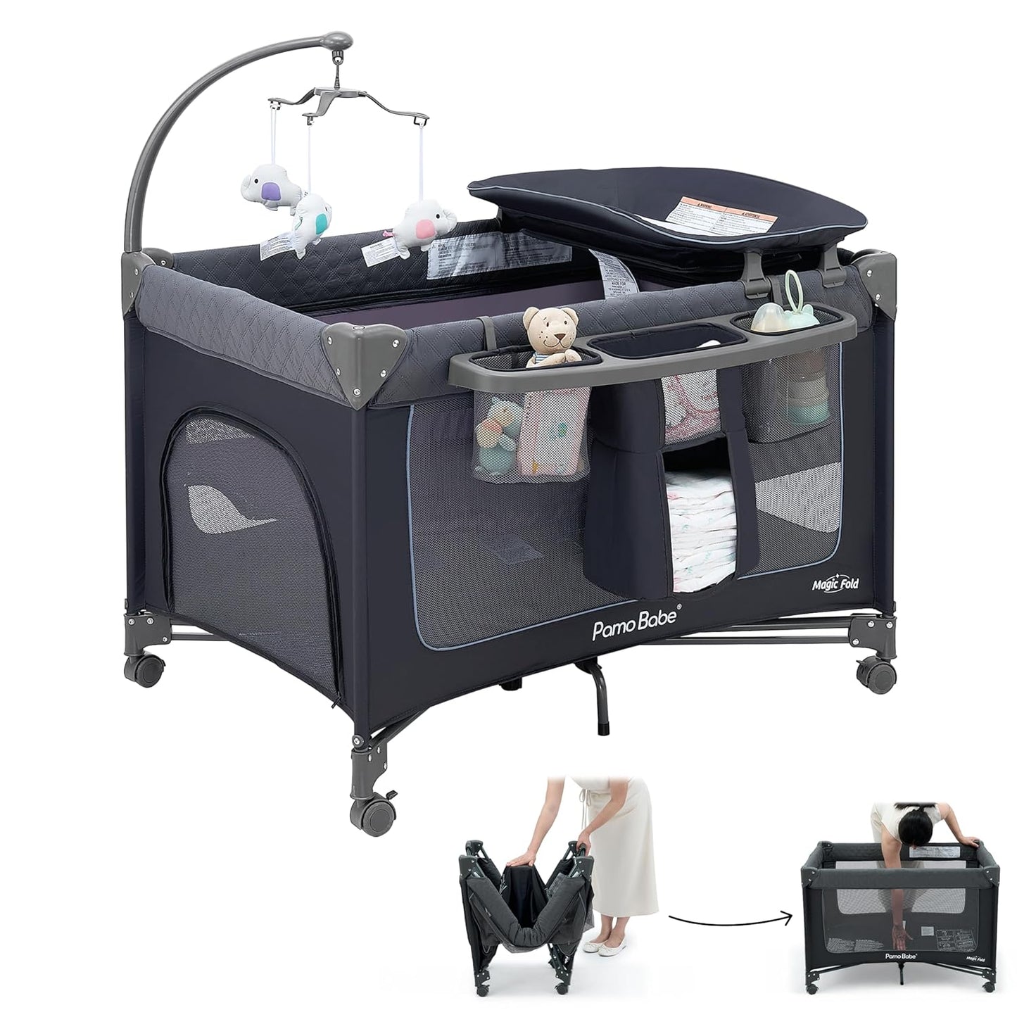 Pamo Babe Magic Fold Baby Playard, 1 Step to Set Portable Crib with Changing Table and Zipper Gate