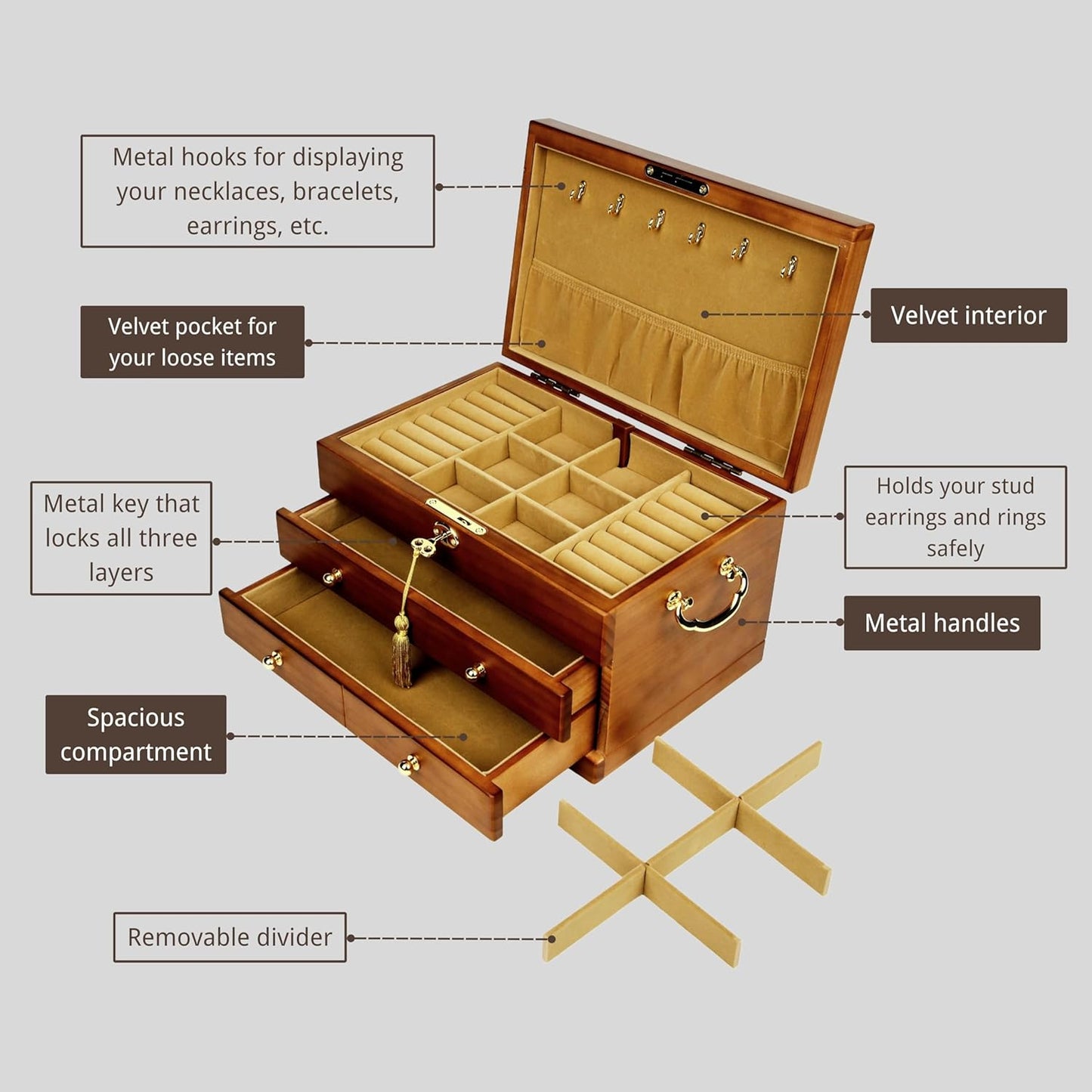 Wooden Jewelry Box with Lock and Key for Women, 2 Drawers Medium Size Real Natural Wood Lockable Antique Girls Organizer Boxes with Large Storage, Ring Compartments, Built in Necklace Hooks