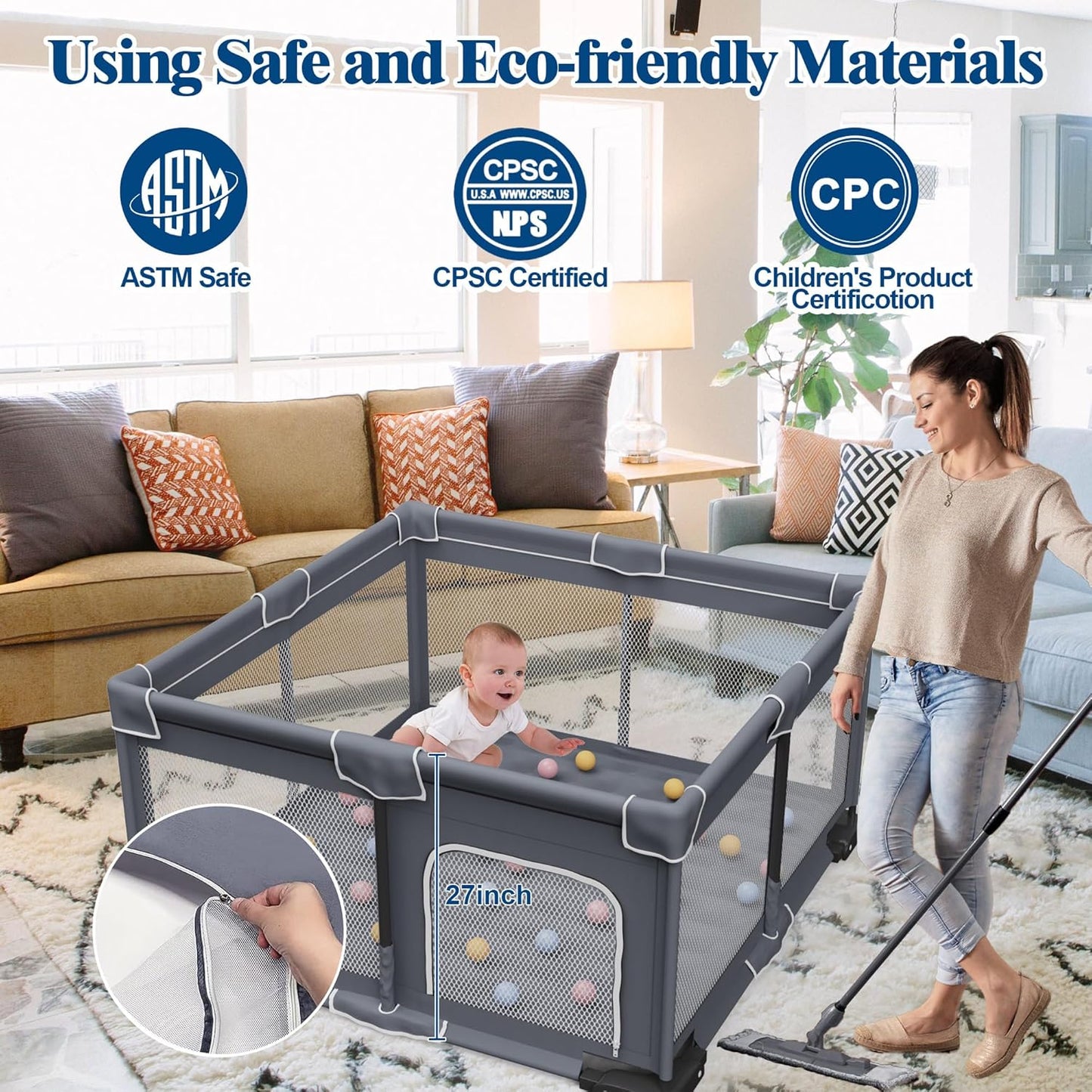 OPEN BOX Jixrolyn Foldable Baby Playpen with Mat, 50"x50" Folding Playpen for Babies and Toddlers, Sturdy Safety Play Yard with Gate, Portable Kid's Play Pen with Bag