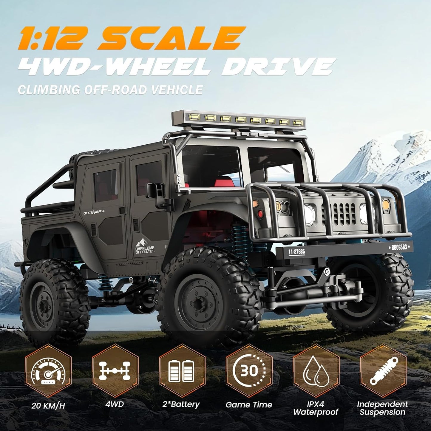 BOX Damage 1:12 Scale All-Terrain Remote Control Car, 4WD RC Cars with 2.4 GHz, RC Climbing Truck, IPX4 Waterproof Off-Road Vehicle