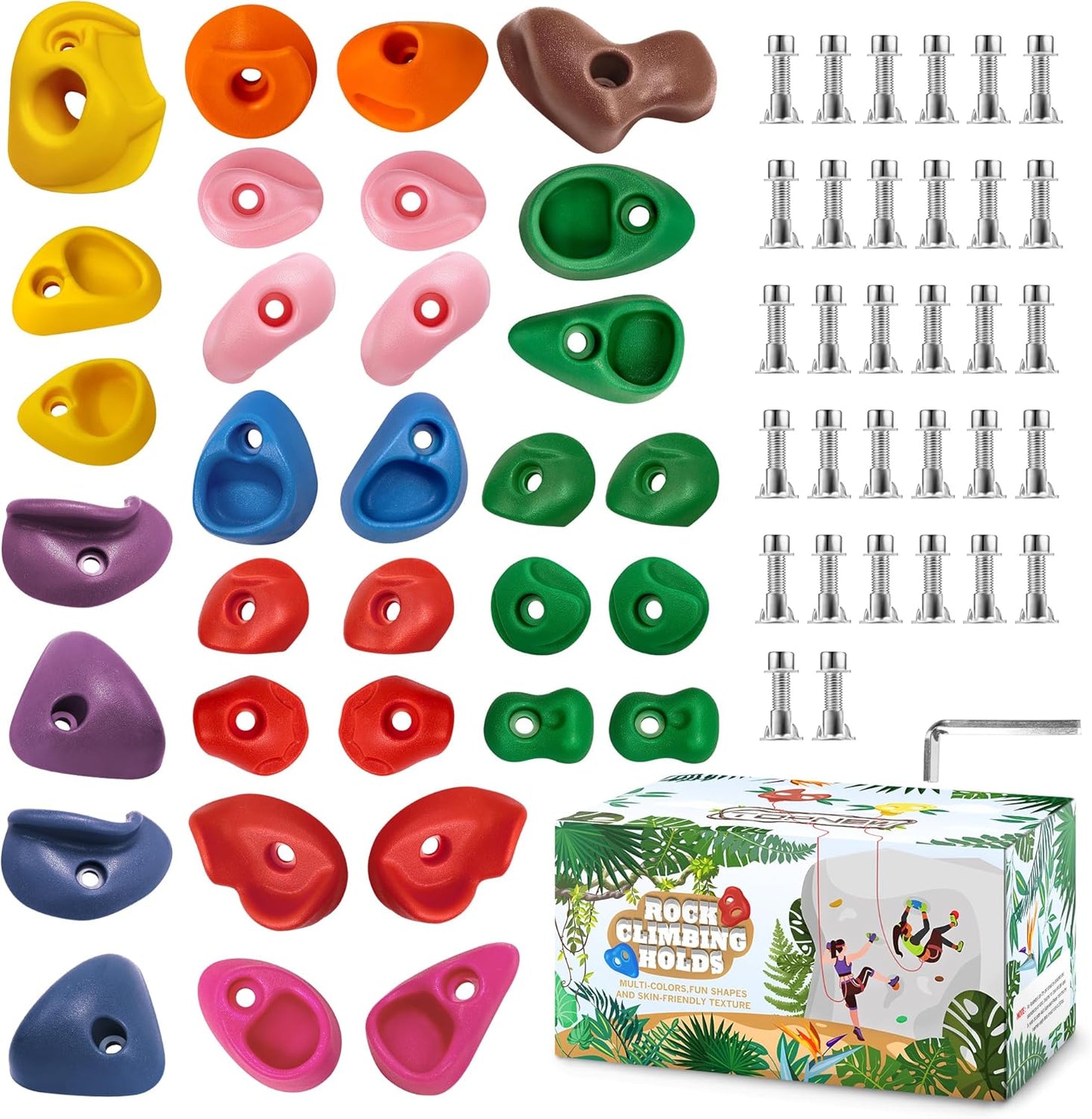 TOPNEW 32 Rock Climbing Holds Multi Size for Kids, Adult Rock Wall Holds Climbing Rock Wall Grips for Indoor and Outdoor Playground Play Set - Includes 2 Inch Mounting Hardware