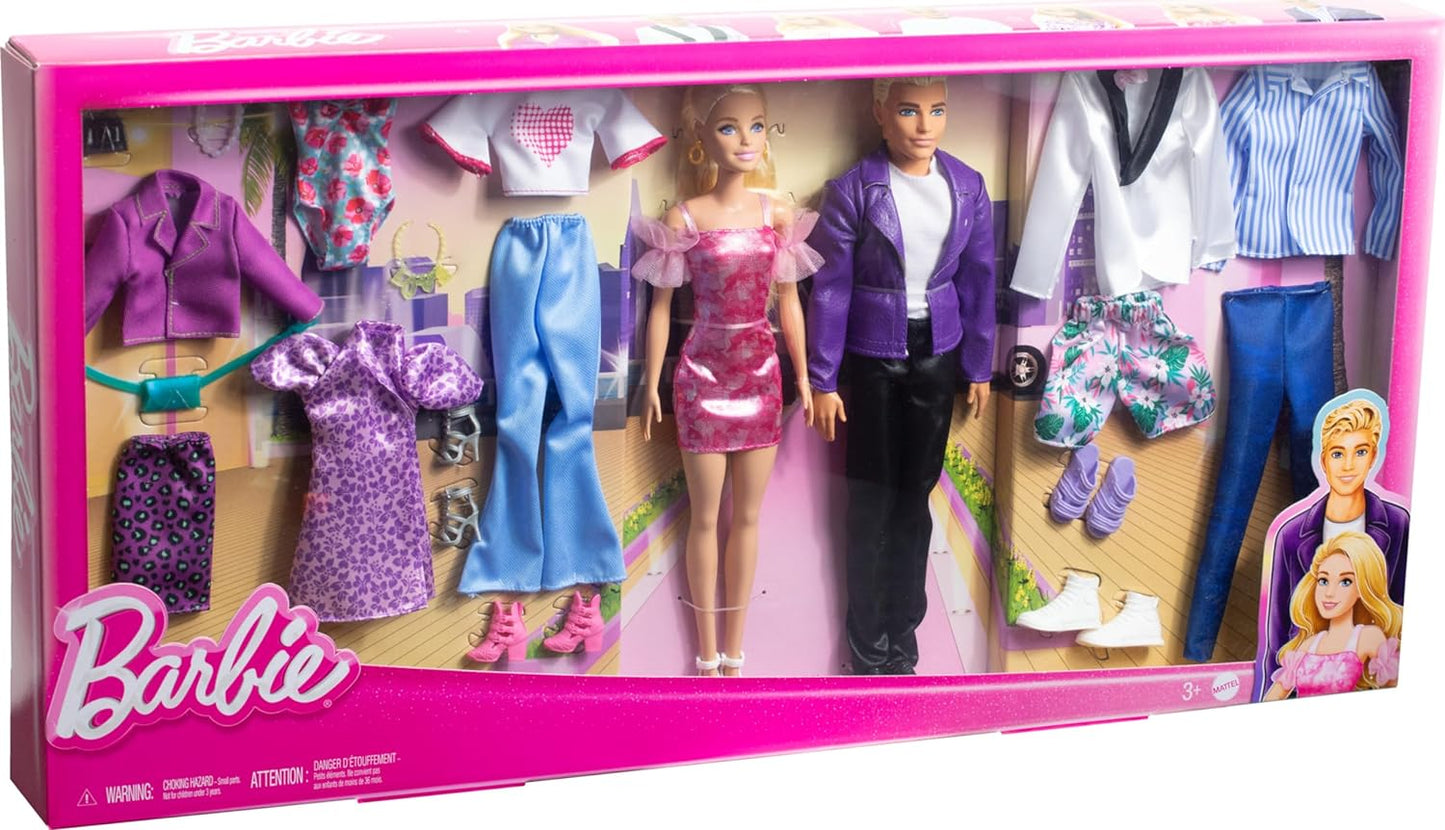 Barbie & Ken Doll Set with 2 Fashion Dolls, Clothes & Accessories, DAMAGE BOX, Includes Dresses, Tees, Pants, Swimsuits & More