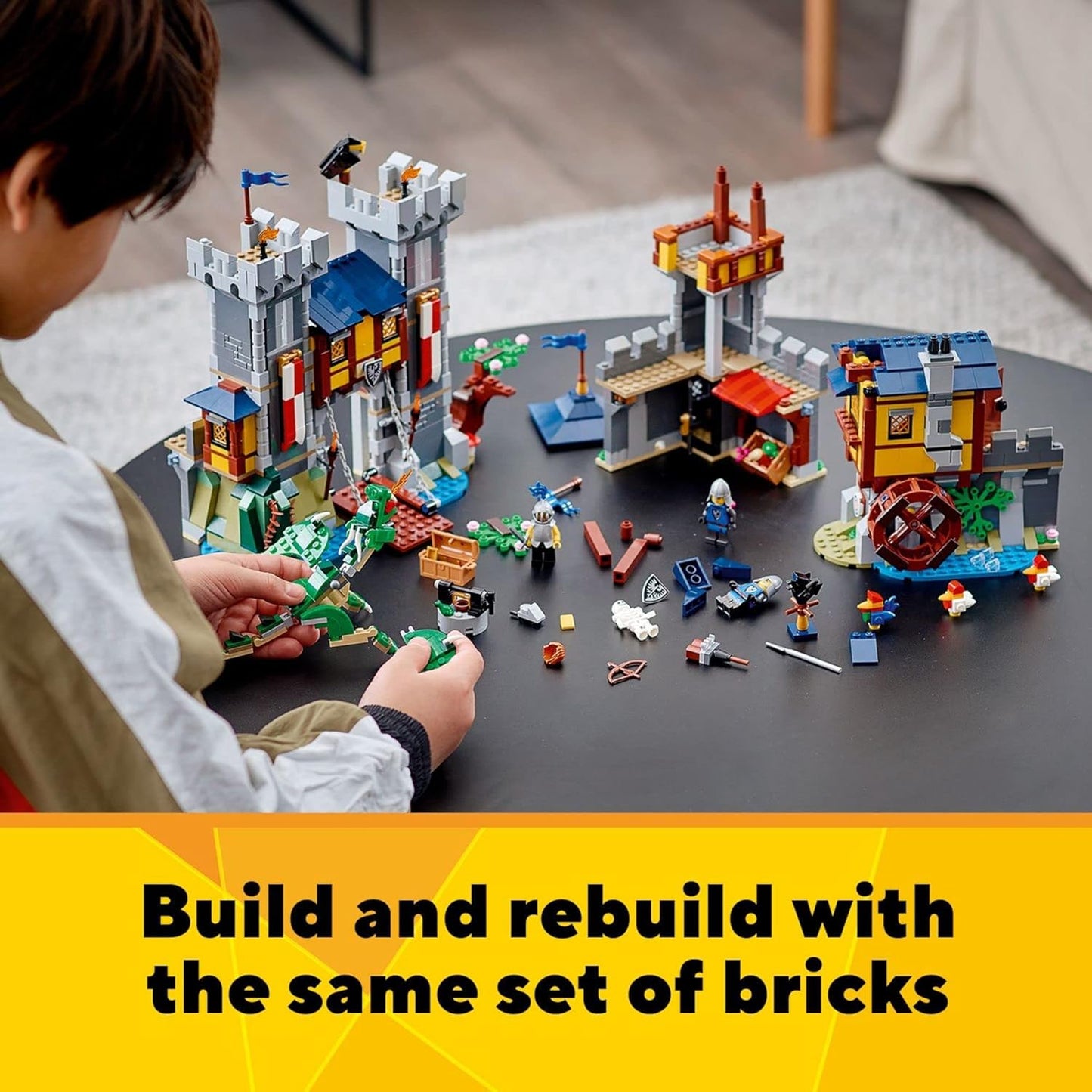 BOX Damages LEGO Creator 3 in 1 Medieval Castle Toy, Transforms from Castle to Tower to Marketplace, Includes Skeleton and Dragon Figure, with 3 Minifigures and Catapult, 31120