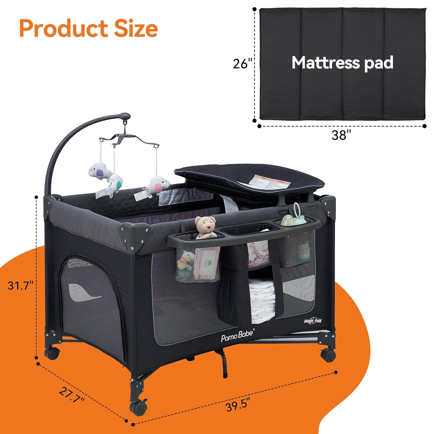 Pamo Babe Magic Fold Baby Playard, 1 Step to Set Portable Crib with Changing Table and Zipper Gate