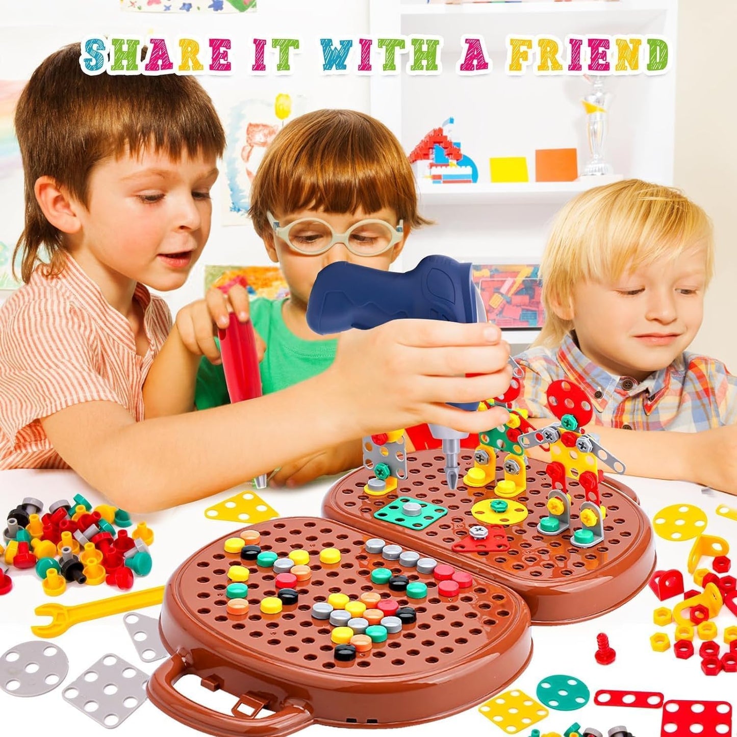 Magic Montessori Play Toolbox with Drill, 203Pcs Magic Montessori Play Toolbox Bear-Themed, 2D/3D Creativity Tool Box Montessori Toys Gift for Age 3-12 Years Old Kids, Boys, Girls